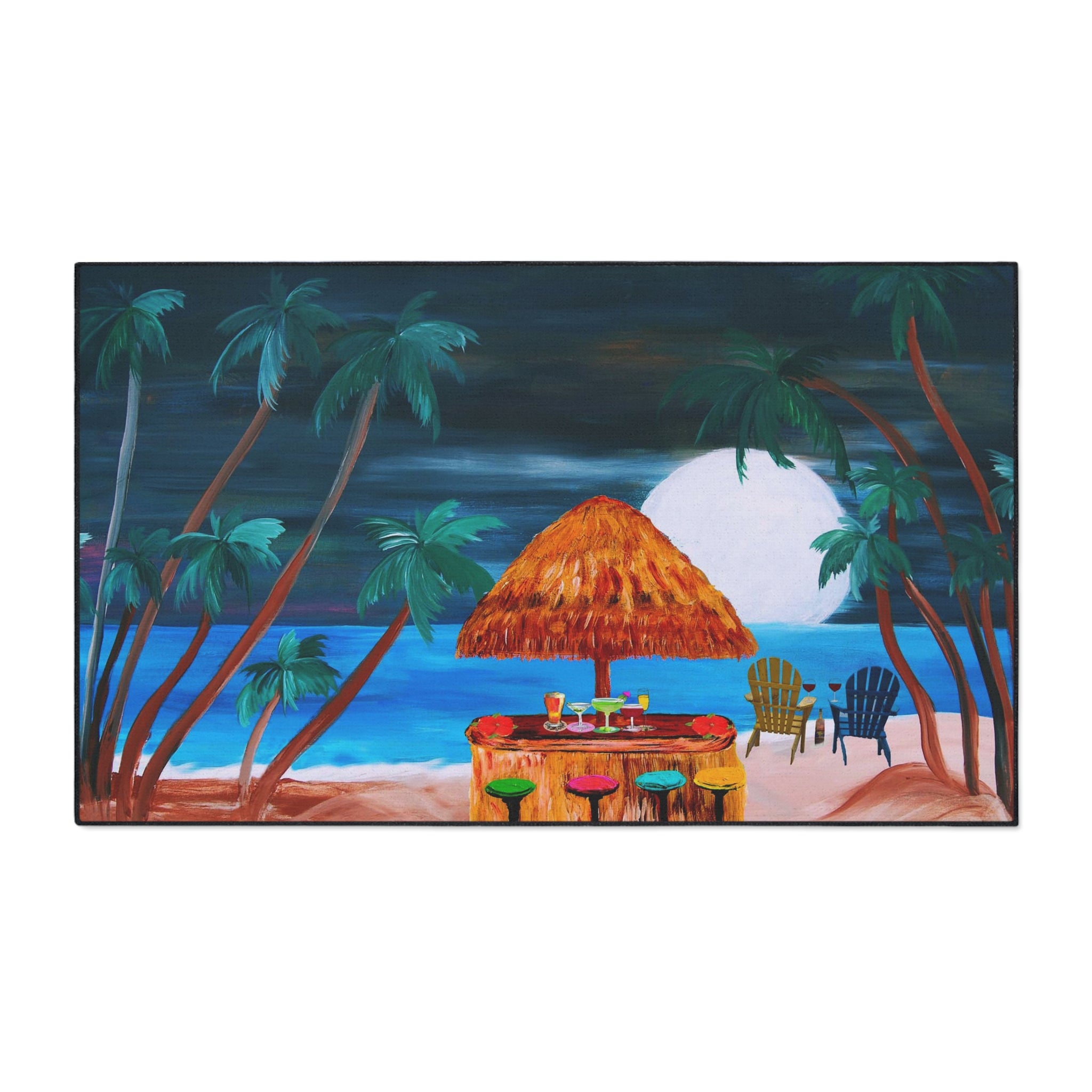 Tropical Beach Tiki Mat — Heavy Duty Floor Mat with Sunset Palm Paradise Design