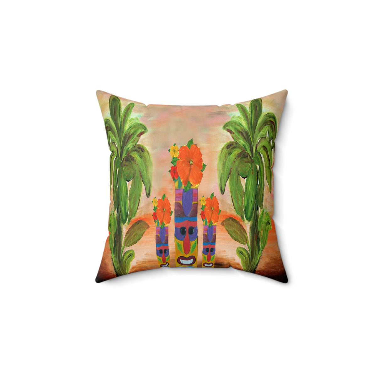 Tropical Tiki Flower Square Pillow — Tiki Man Totem Palm Throw