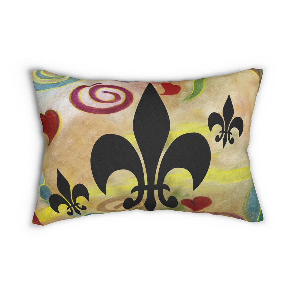 Fleur-de-Lis Decorative Lumbar Pillow — Colorful Swirls & Hearts Accent Cushion