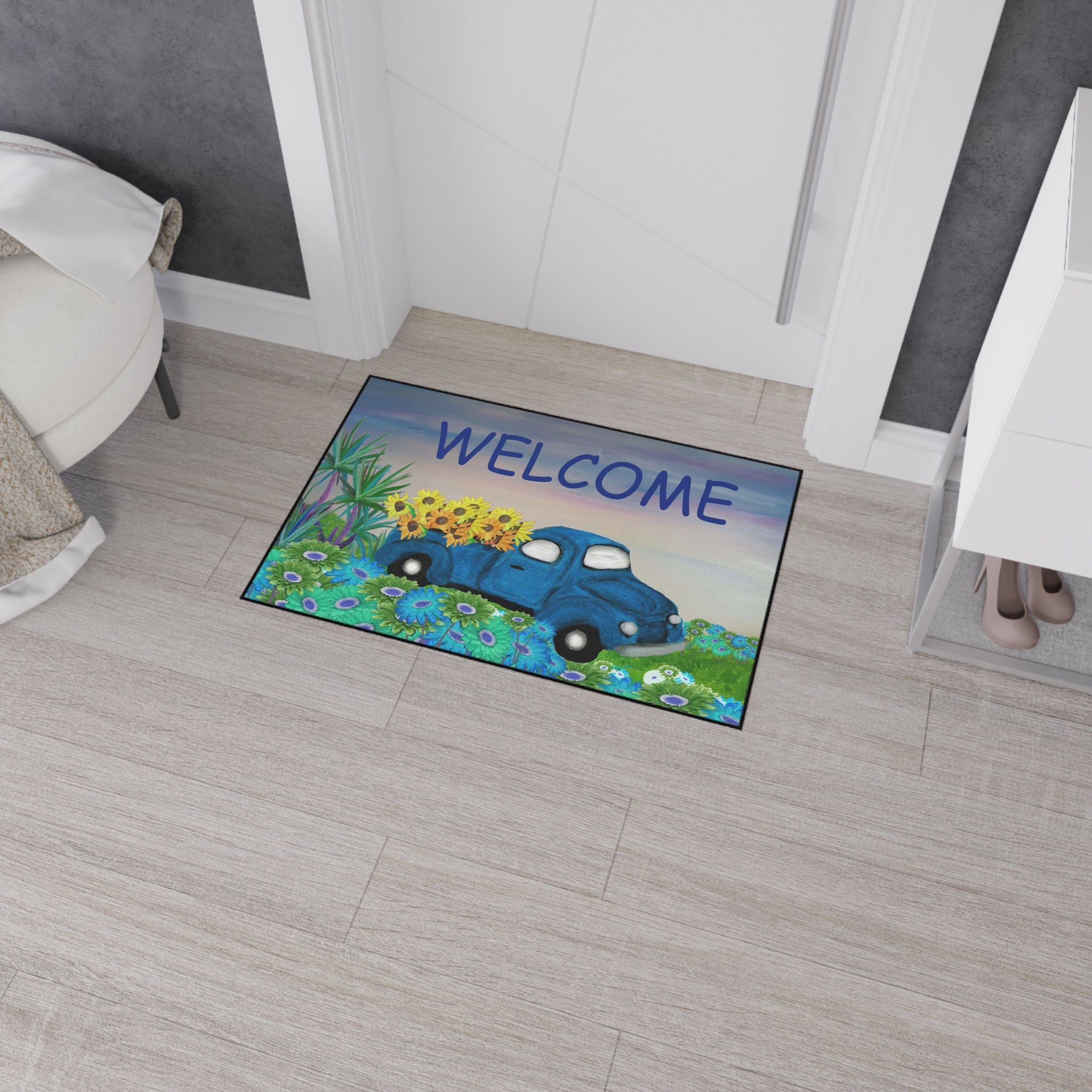 Welcome Blue Truck Doormat - Heavy Duty Floor Mat with Sunflowers