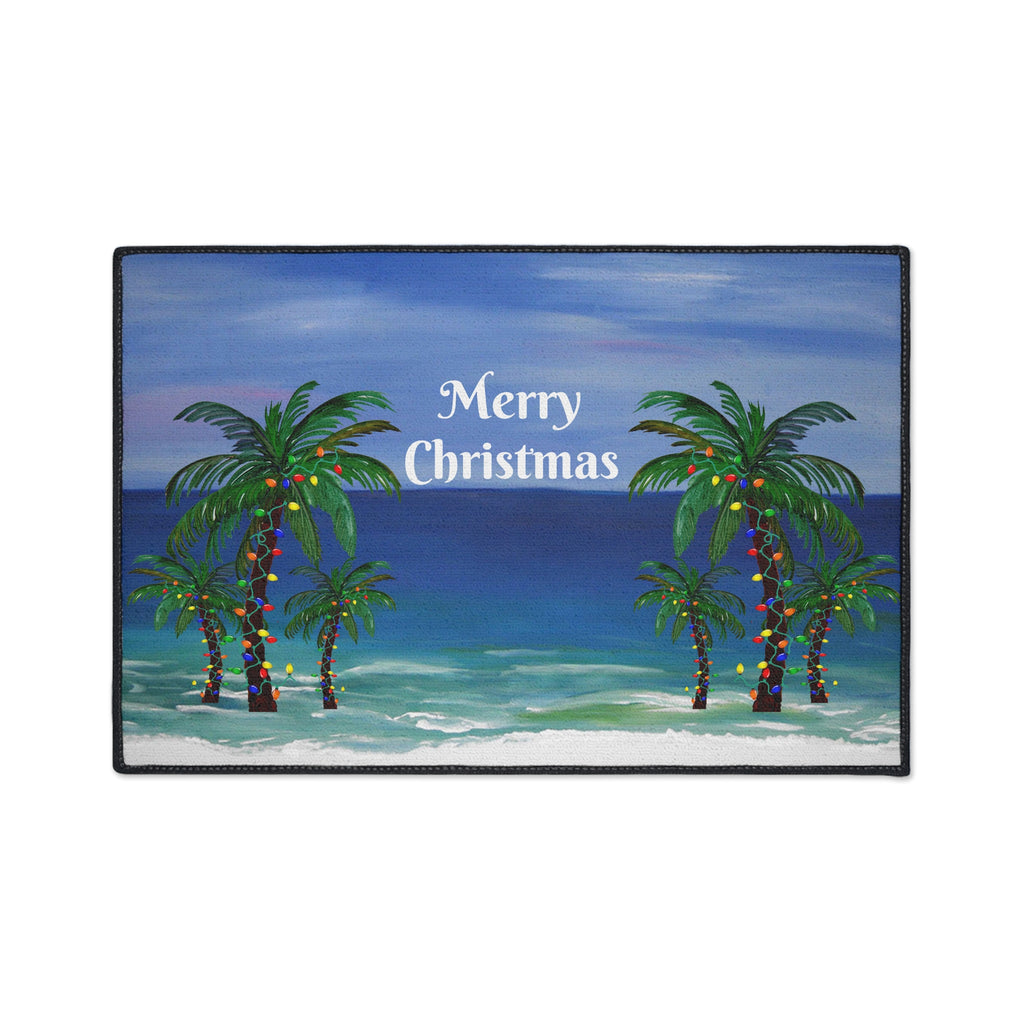 Merry Christmas Beach Floor Mat — Tropical Palm Trees Holiday Doormat