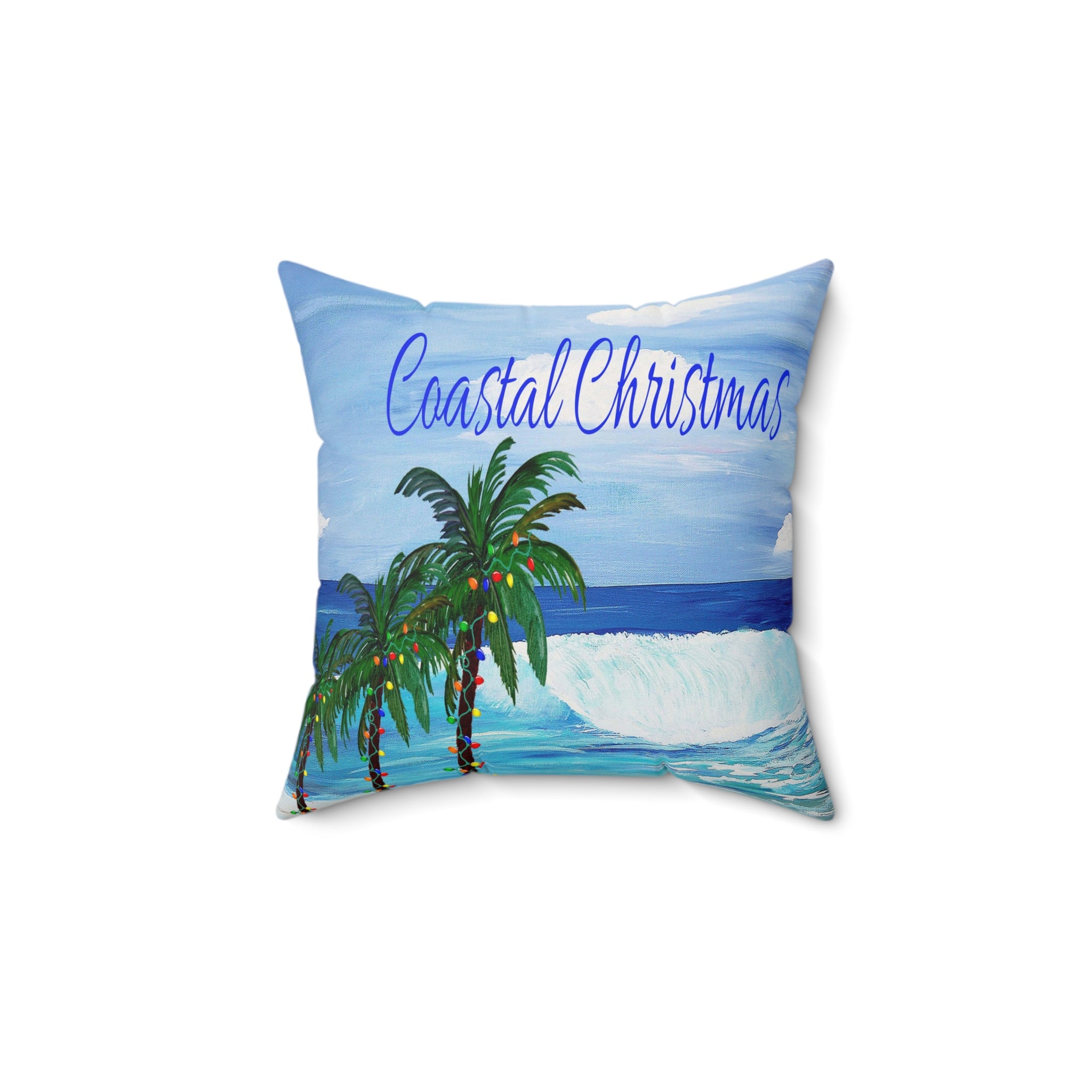 Coastal Christmas Throw Pillow - Tropical Palm Tree Beach Holiday Decor