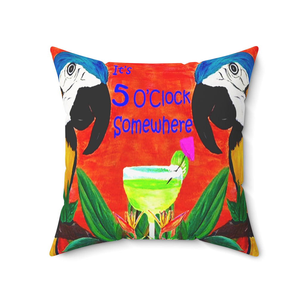 Square Pillow — Tropical Parrot 'It's 5 O'Clock Somewhere' Cocktail Design