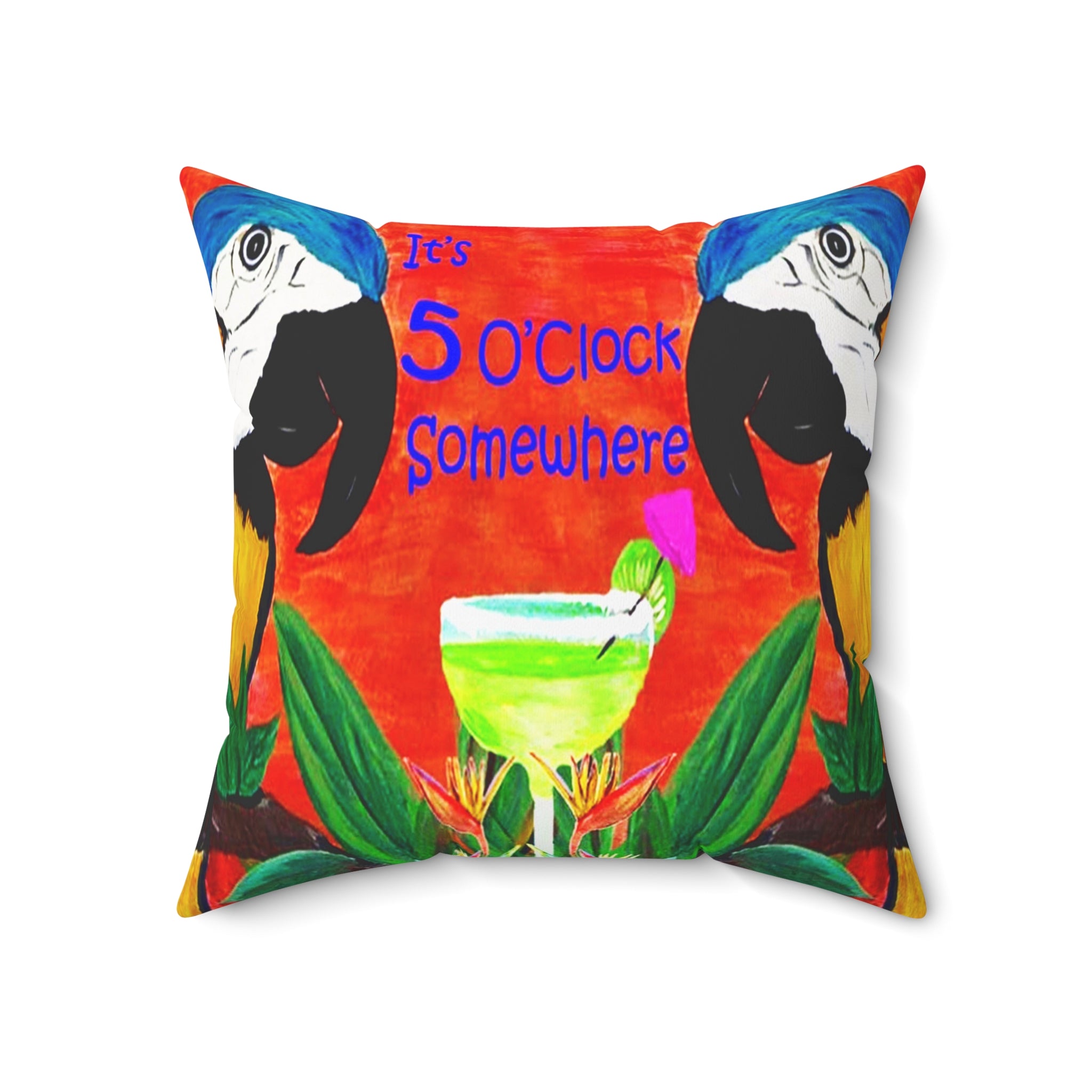 Square Pillow — Tropical Parrot 'It's 5 O'Clock Somewhere' Cocktail Design