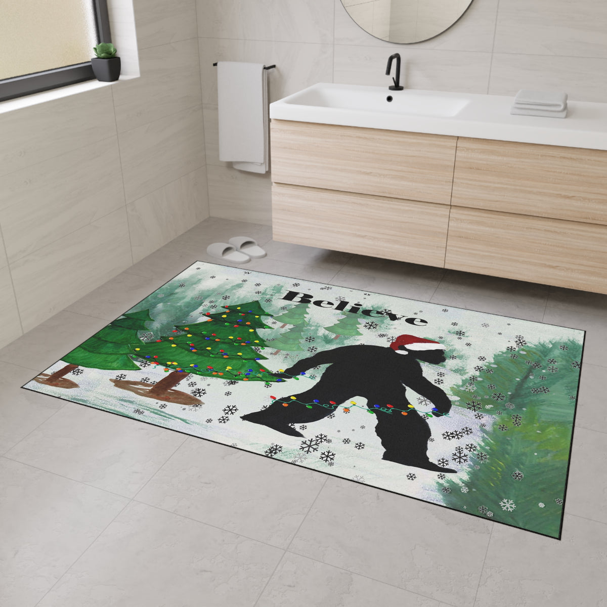 Believe Bigfoot Sashquash Holiday Floor Mat