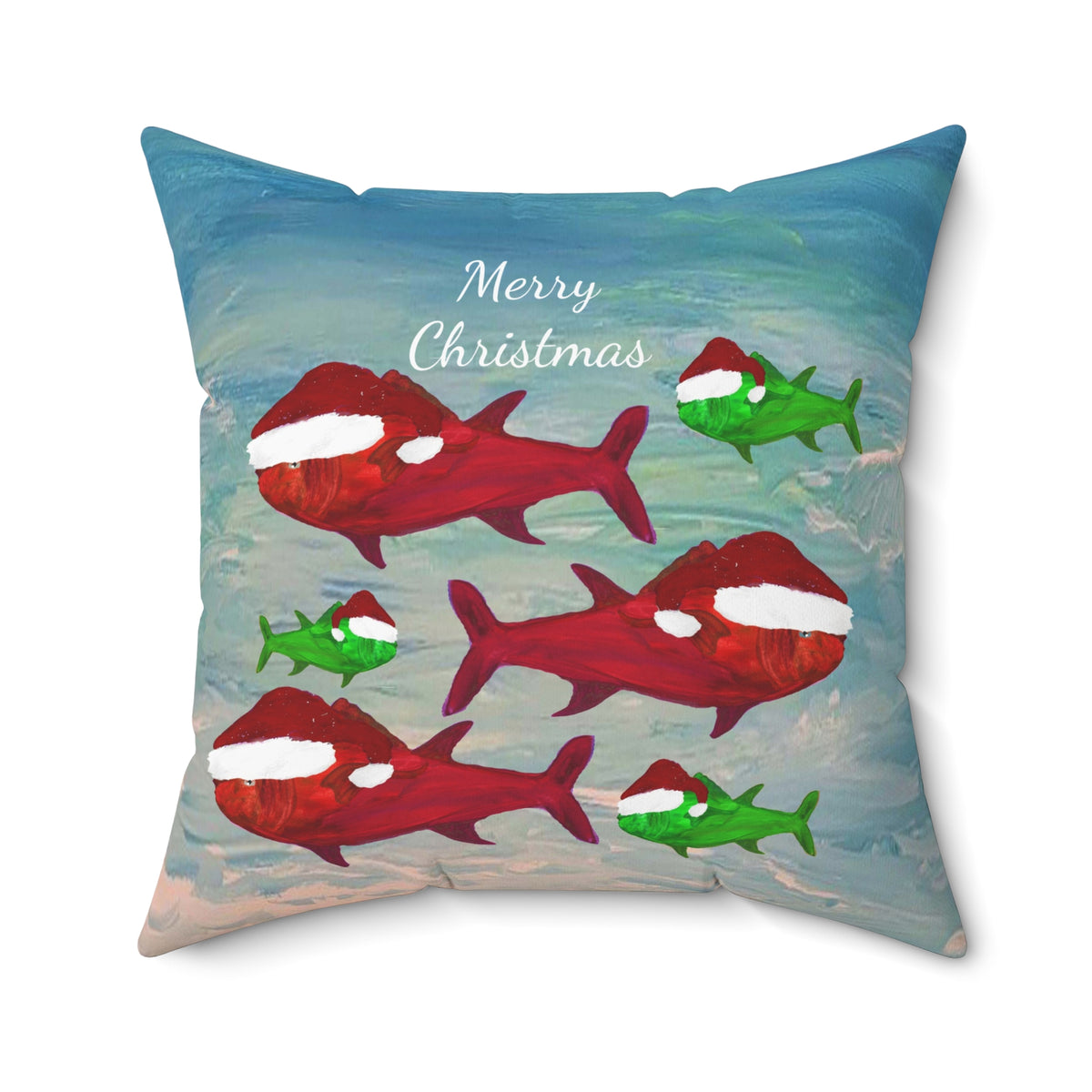 Christmas Fish Throw Pillow — 'Merry Christmas' Nautical Holiday Decor