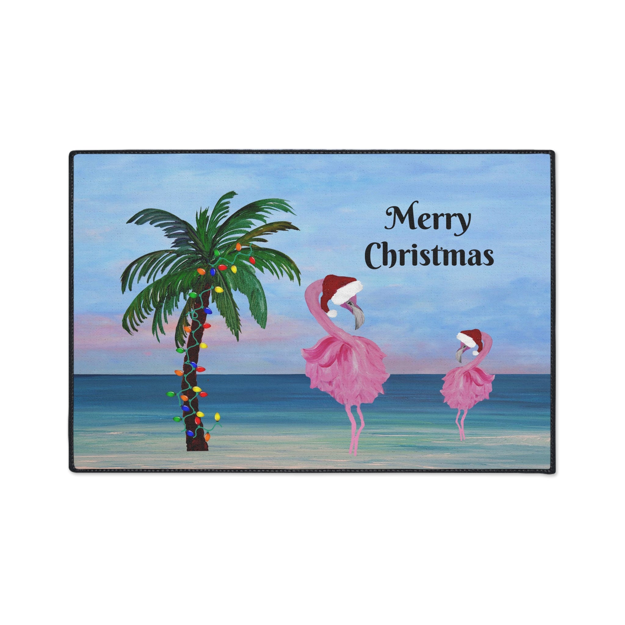 Christmas Beach Floor Mat — "Merry Christmas" Palm & Flamingo Holiday Doormat