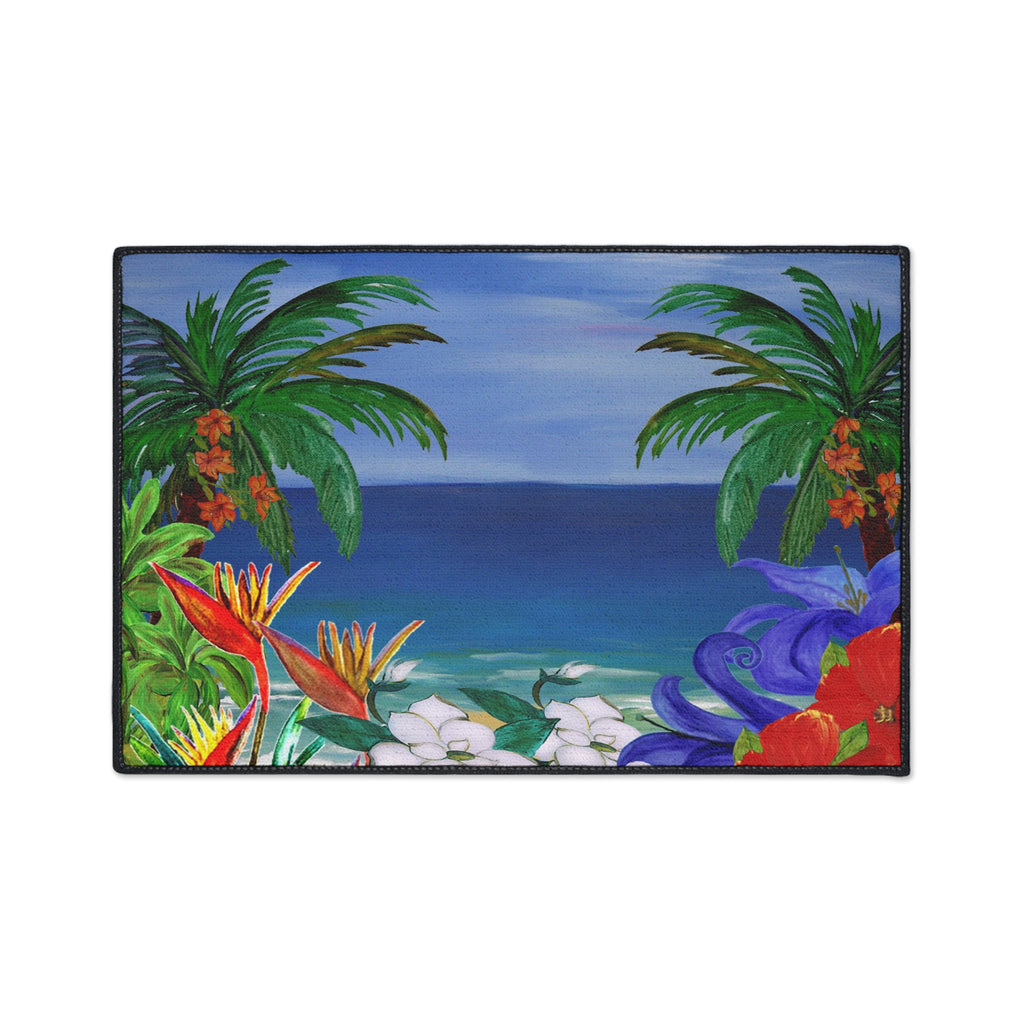 Tropical Beach Floor Mat — Heavy-Duty Outdoor/Indoor Doormat with Palm Trees & Floral Design