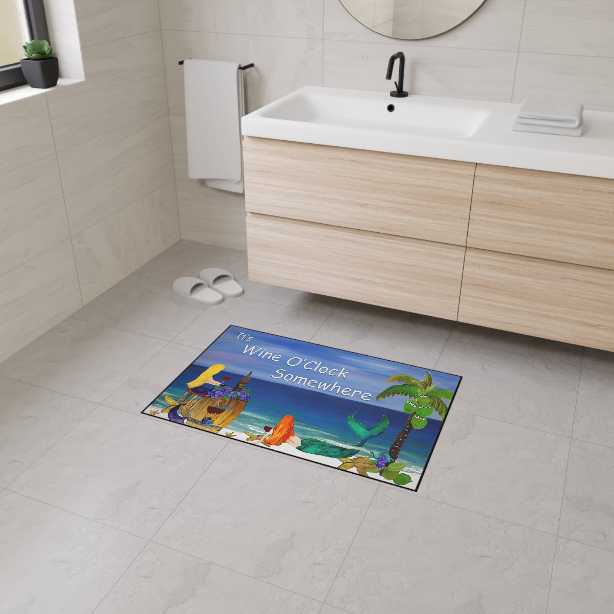 Heavy Duty Floor Mat – "It’s Wine O’Clock Somewhere" Beach Mermaid Welcome Mat