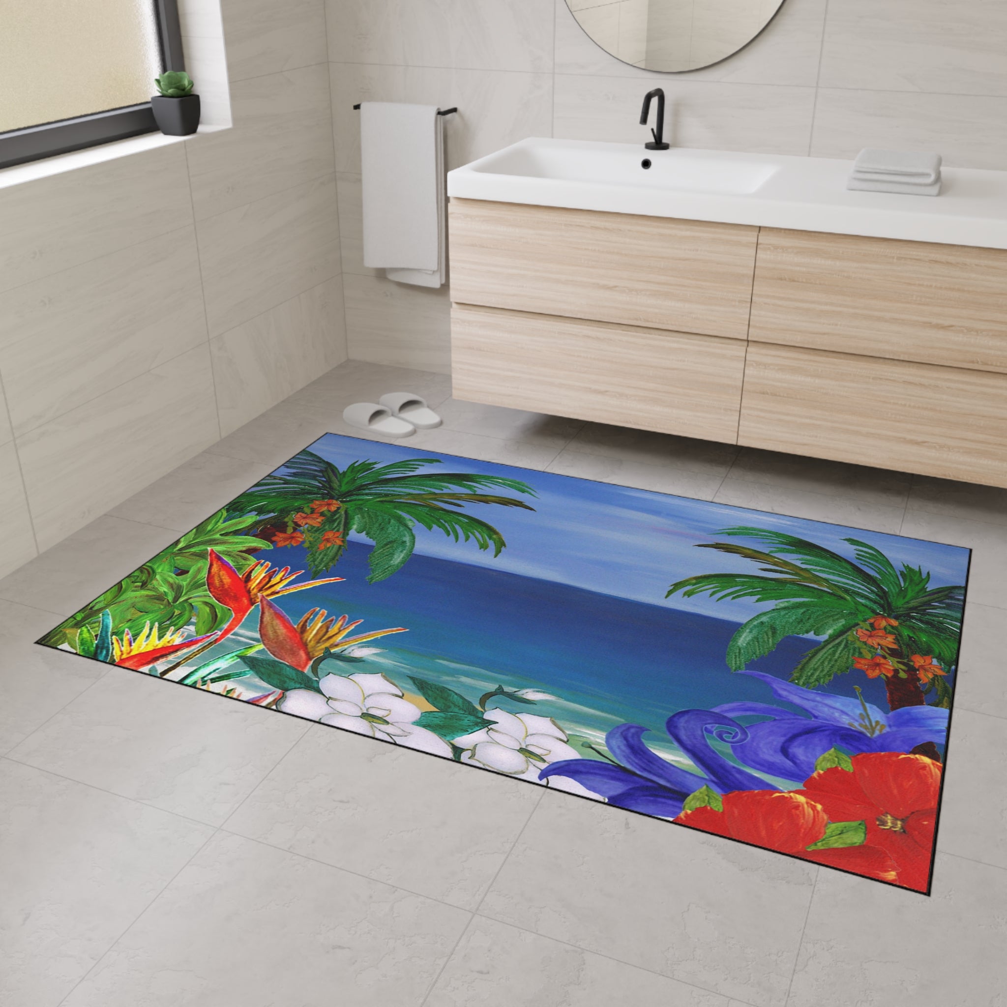 Tropical Beach Floor Mat — Heavy-Duty Outdoor/Indoor Doormat with Palm Trees & Floral Design