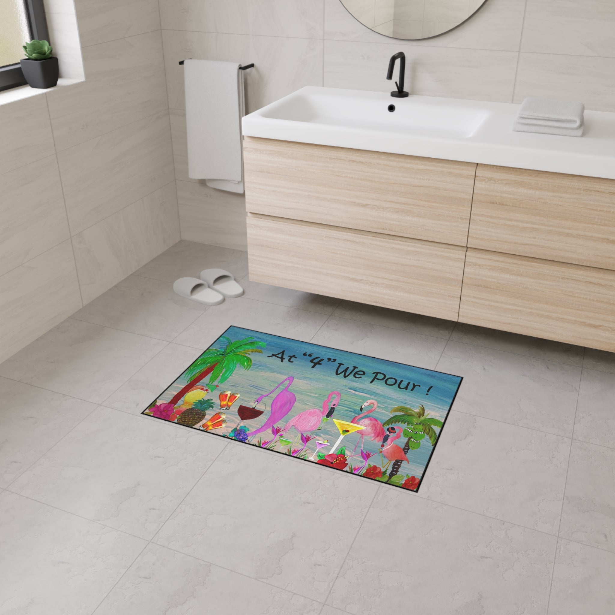Tropical Flamingo Cocktails Doormat — "At '4' We Pour!" Heavy Duty Floor Mat