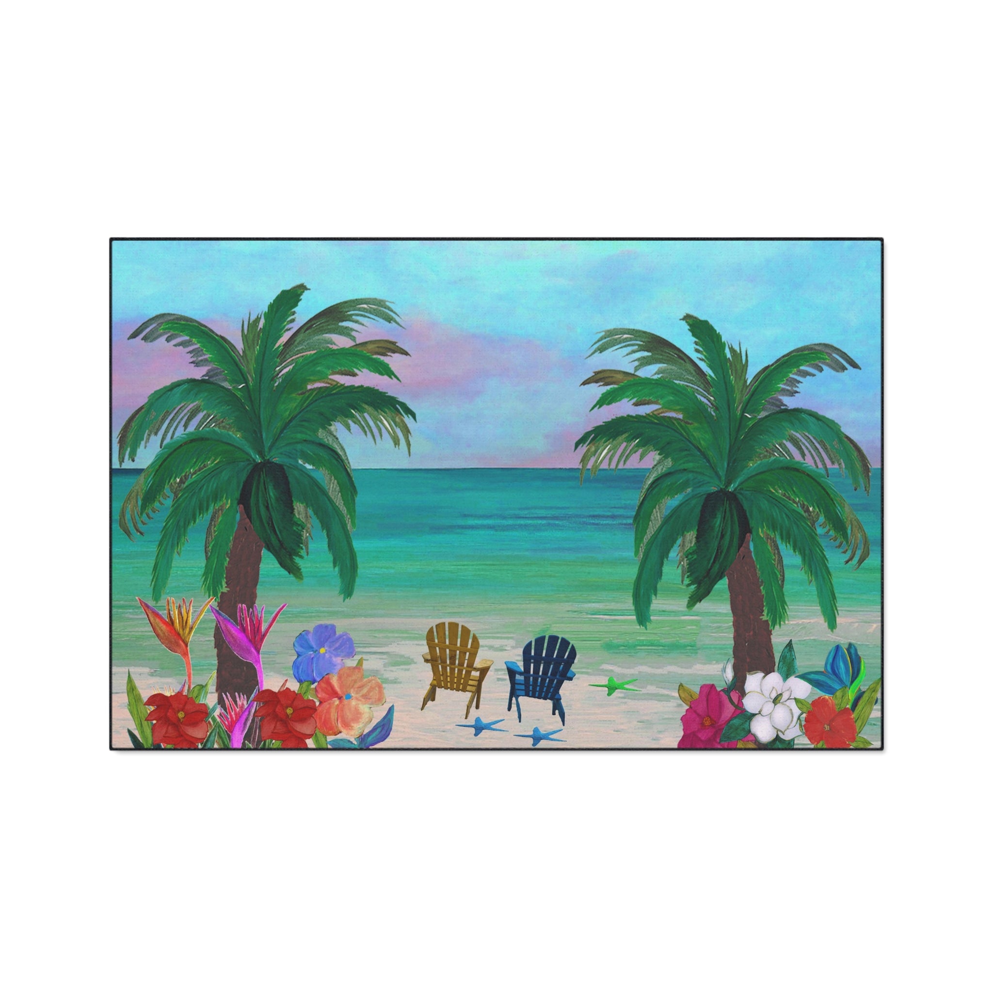 Tropical Beach Floor Mat — Palm Trees, Adirondack Chairs & Floral Welcome Doormat