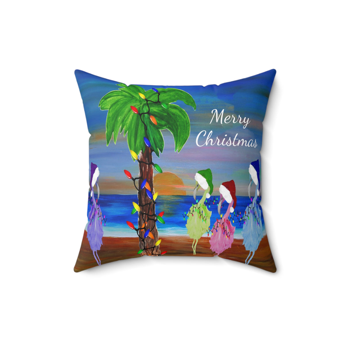 Flamingos Merry Christmas Tropical Palm Pillow — Festive Beach Holiday Decor