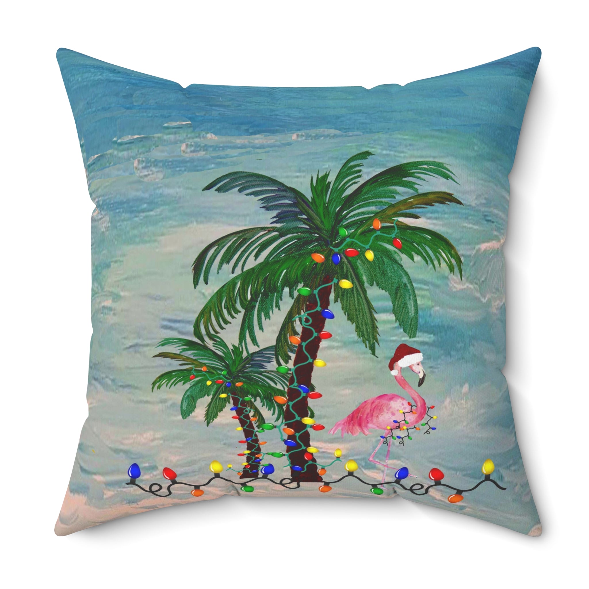 Tropical Christmas Palm Pillow — Flamingo & Holiday Lights Square Throw Pillow