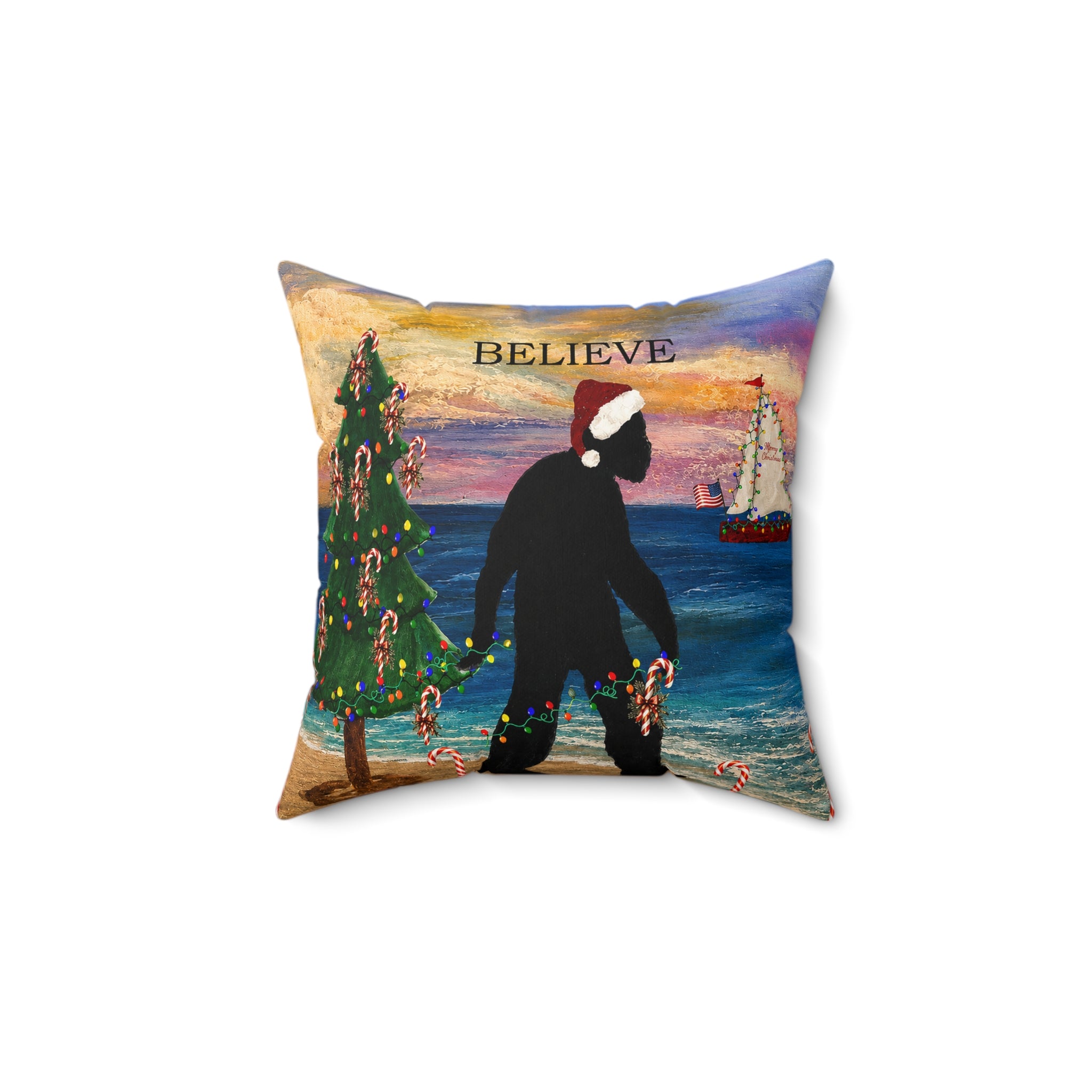 Believe Bigfoot Funny Nautical Holiday Christmas Throw Pillow