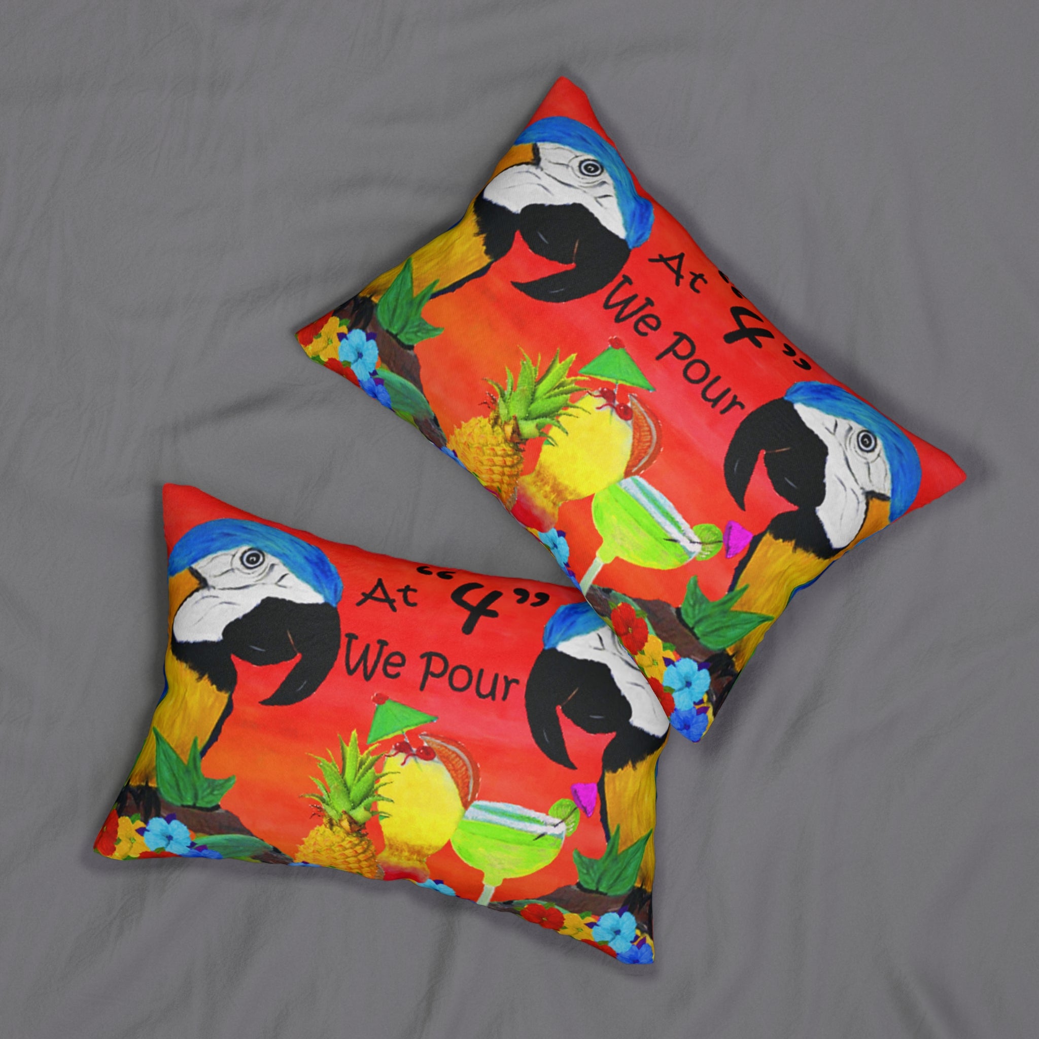 Tropical Parrot Lumbar Pillow — "At 4 We Pour" Cocktail Decor