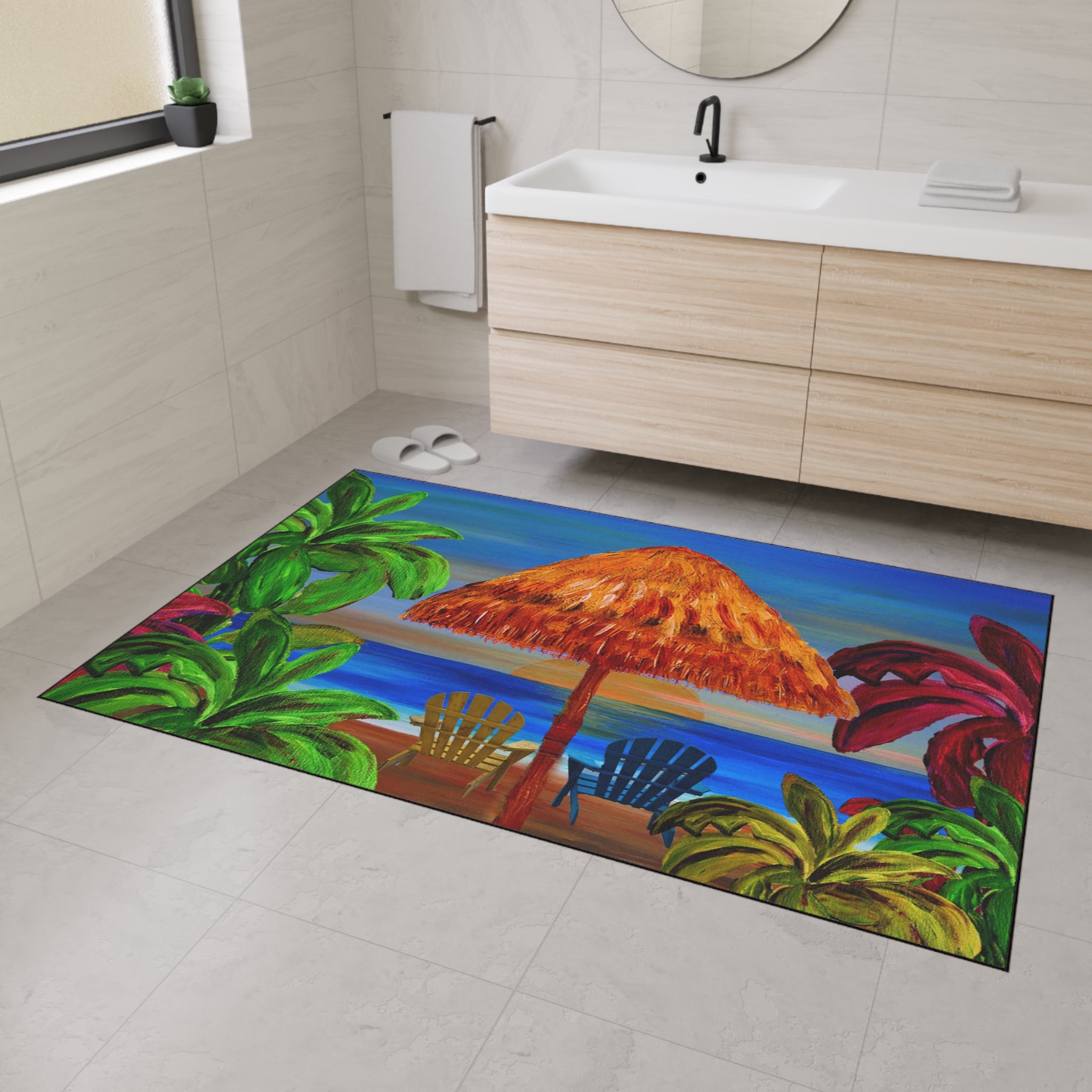 Tropical Beach Floor Mat — Sunset Palapa & Adirondack Chairs Heavy-Duty Door Rug