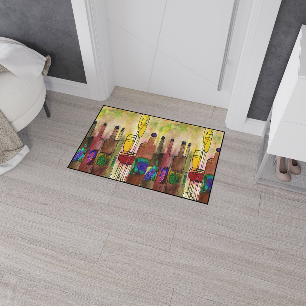 Wine Bottle Art Heavy Duty Floor Mat Vineyard Bar Colorful Grapes & Glasses Entry Rug