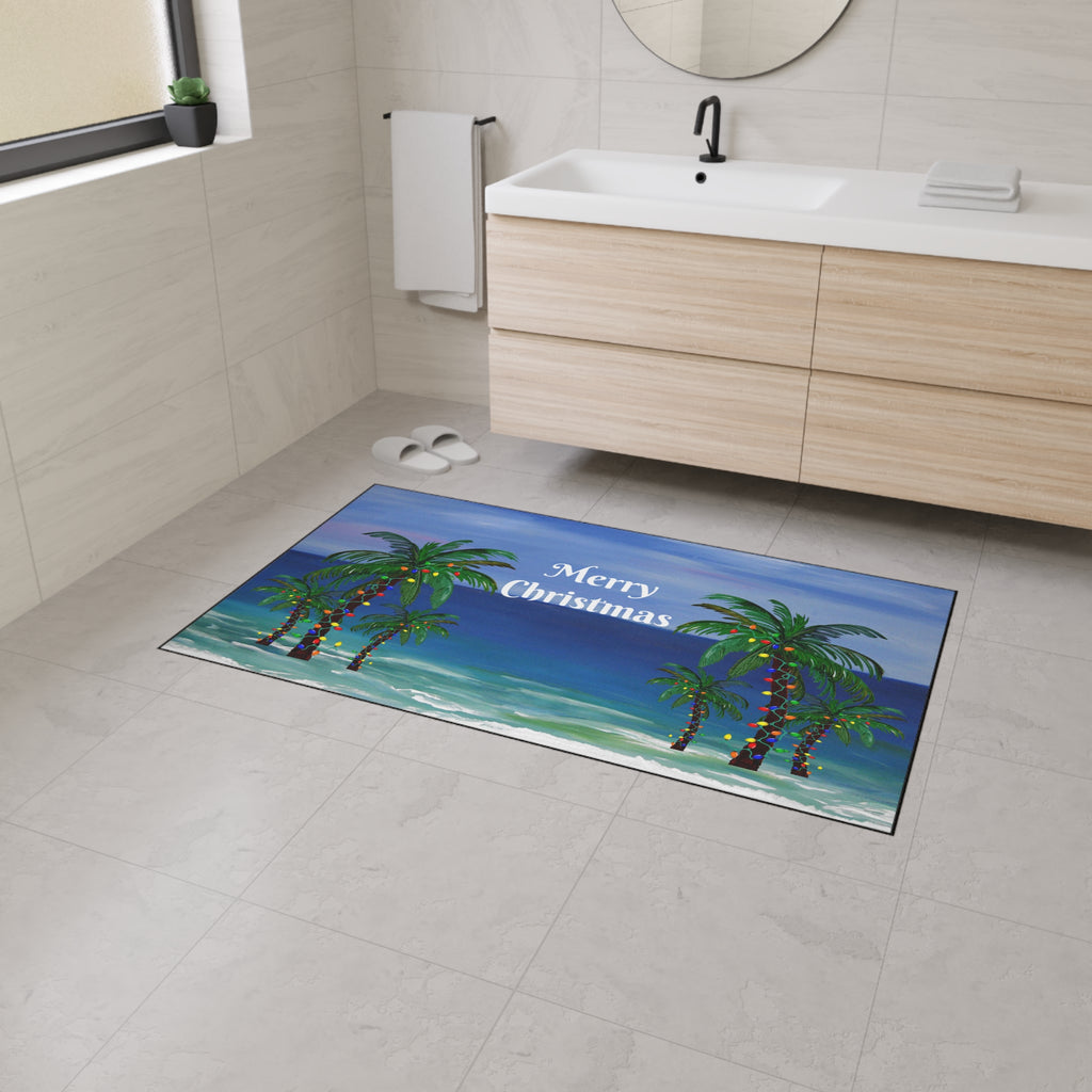 Merry Christmas Beach Floor Mat — Tropical Palm Trees Holiday Doormat