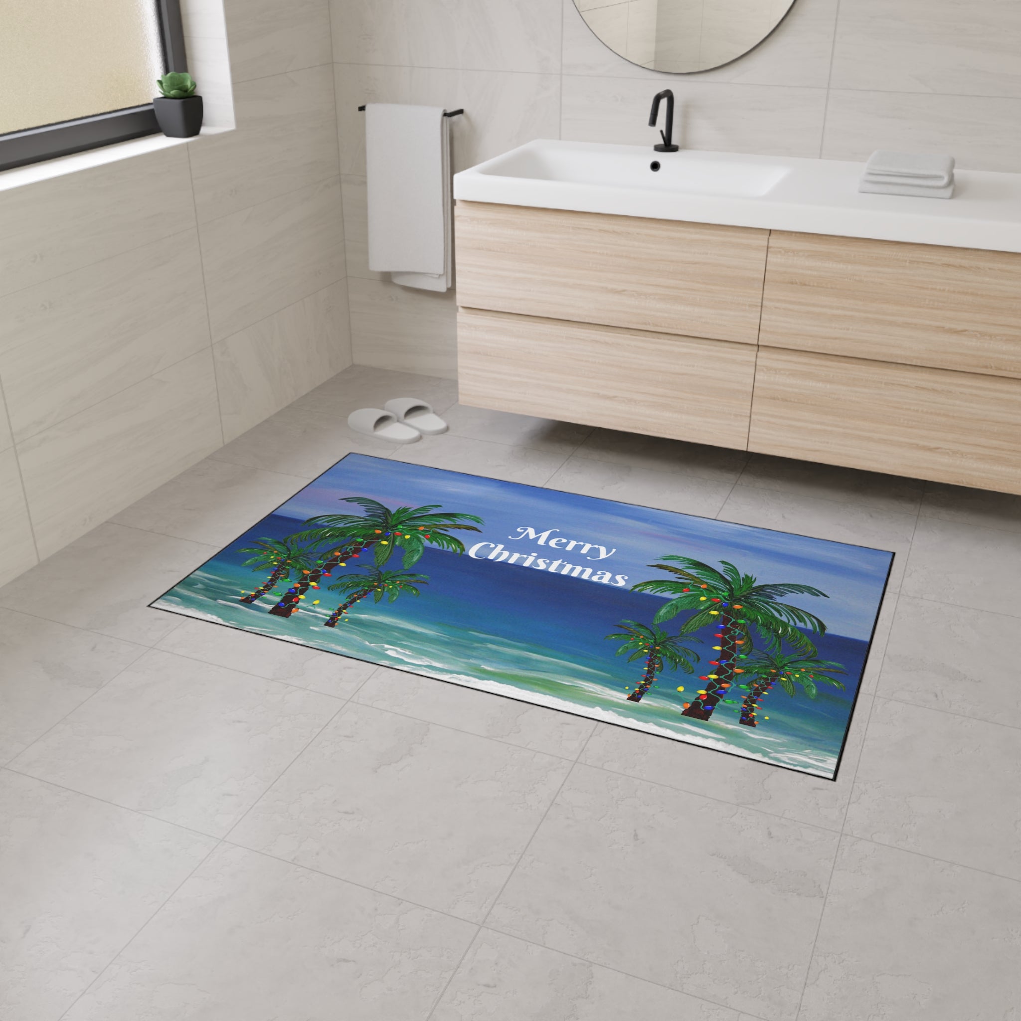Merry Christmas Beach Floor Mat — Tropical Palm Trees Holiday Doormat