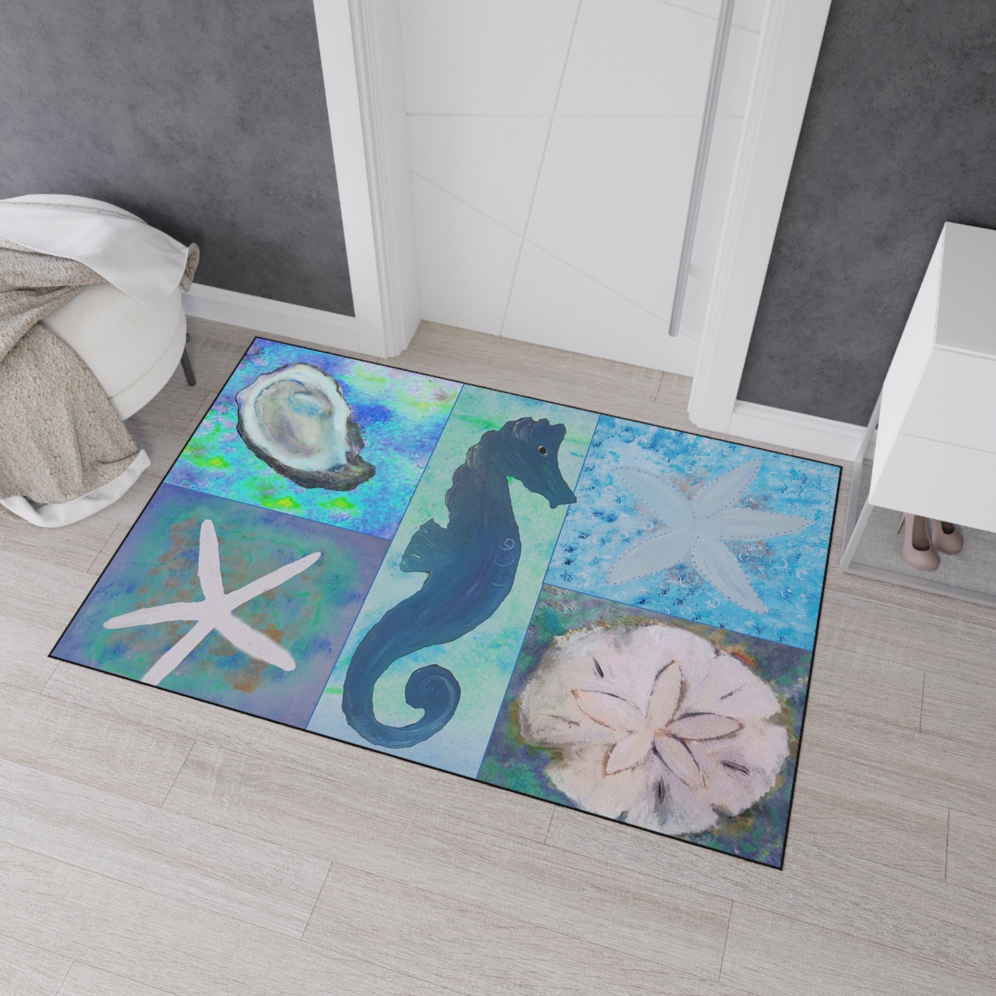 Coastal Sea Life Floor Mat — Seahorse, Starfish & Sand Dollar Rug