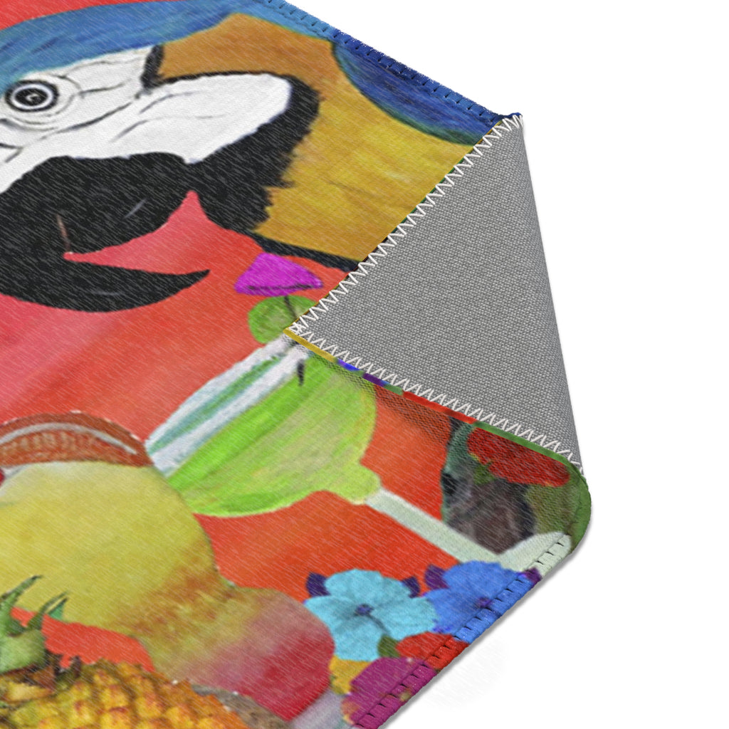 Tropical Parrot Cocktail Area Rug — "At 4 We Pour" Colorful Beach Vibe Mat