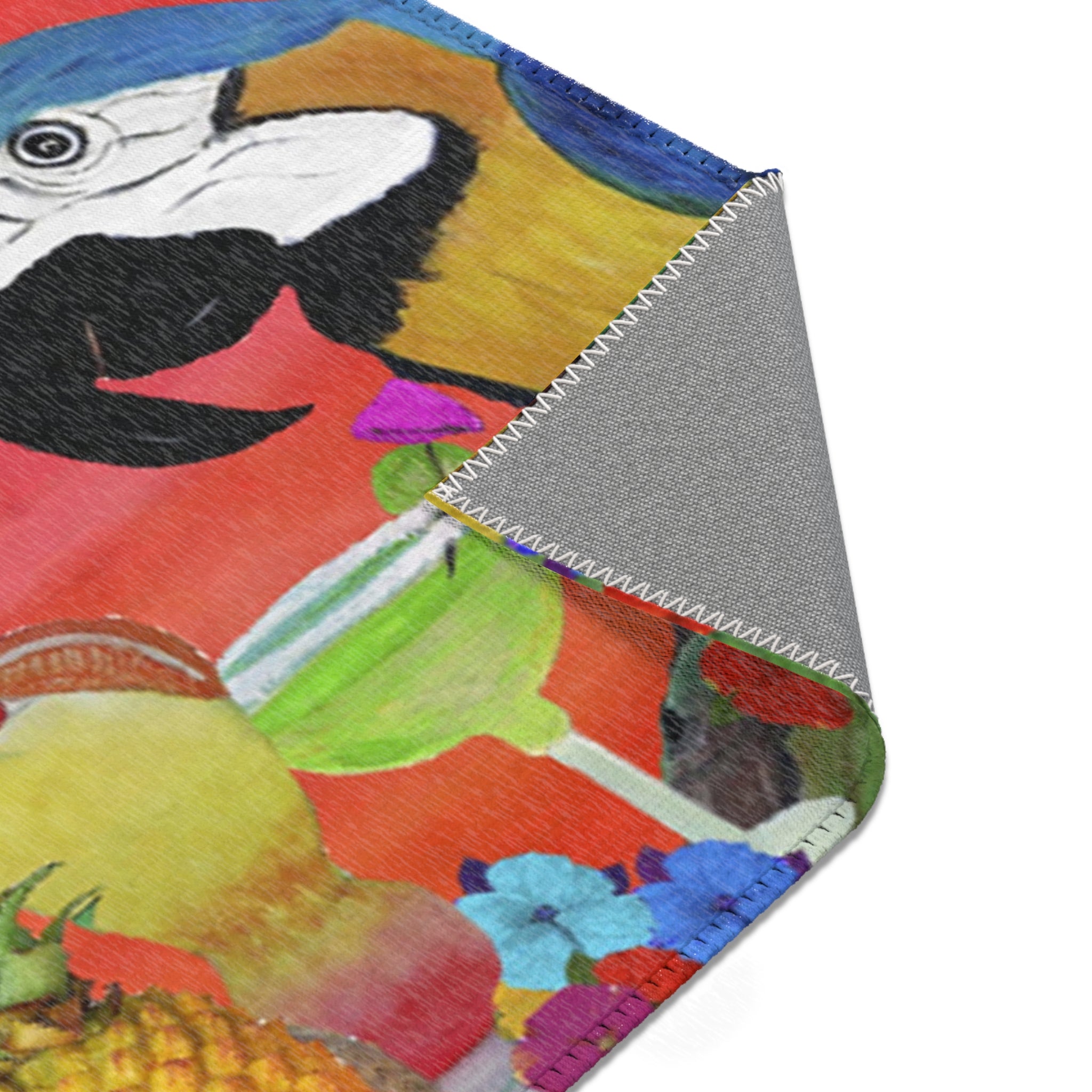 Tropical Parrot Cocktail Area Rug — "At 4 We Pour" Colorful Beach Vibe Mat