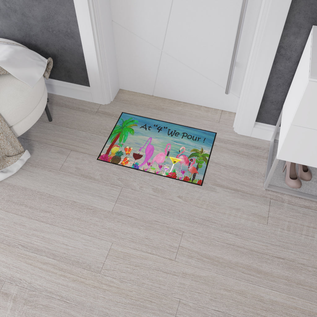 Tropical Flamingo Cocktails Doormat — "At '4' We Pour!" Heavy Duty Floor Mat