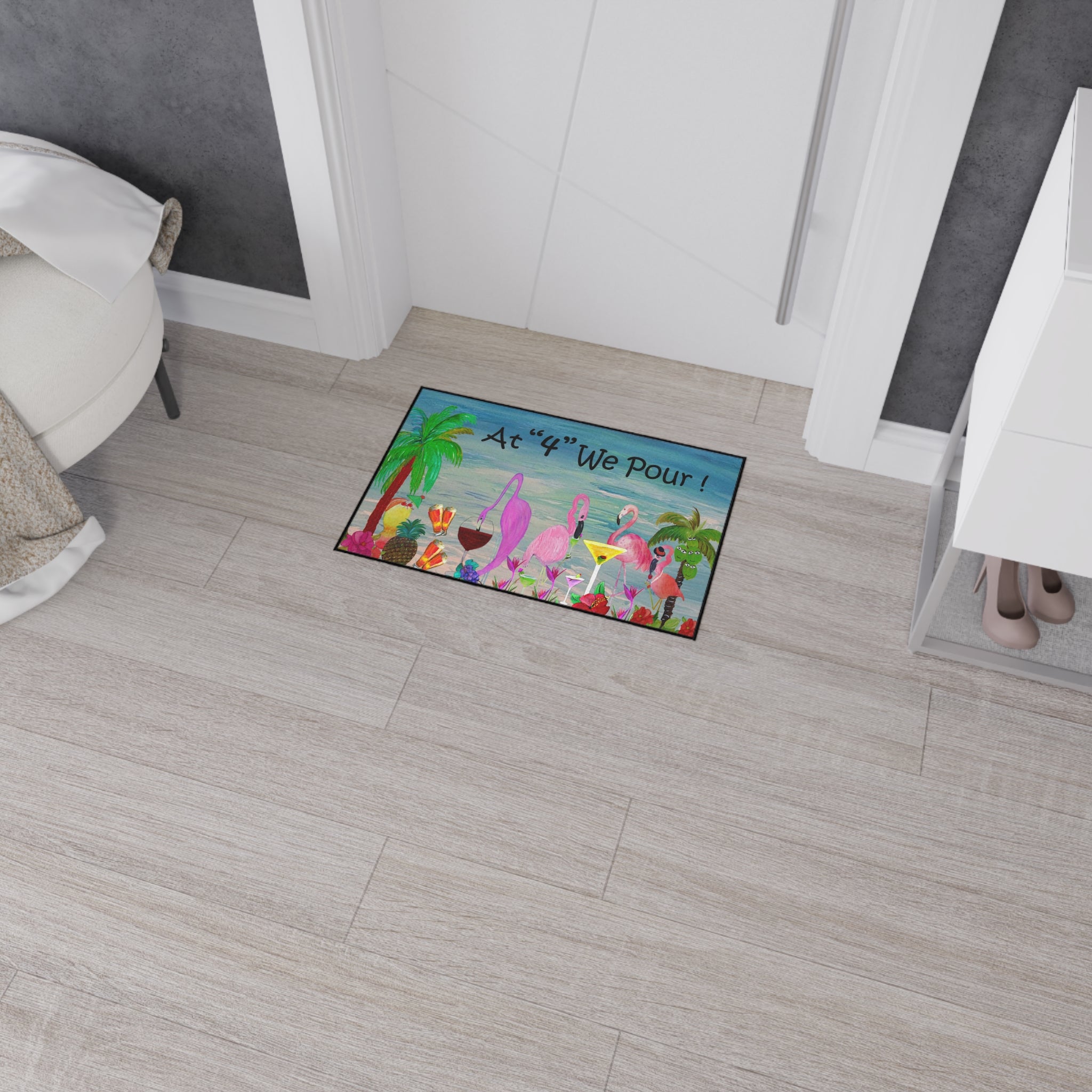 Tropical Flamingo Cocktails Doormat — "At '4' We Pour!" Heavy Duty Floor Mat