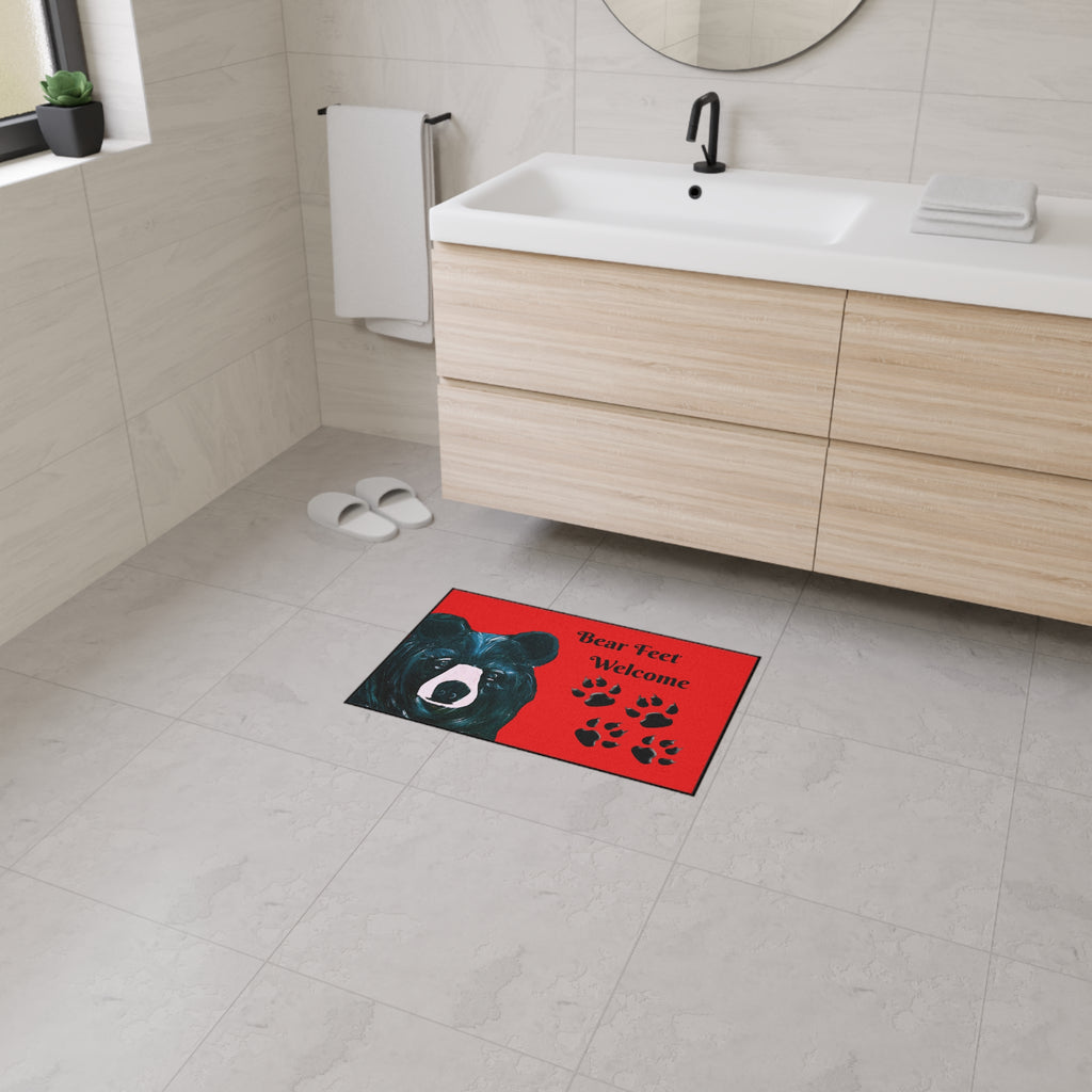 Bear Feet Welcome Heavy-Duty Floor Mat — Red Cabin Doormat with Bear Paw Prints