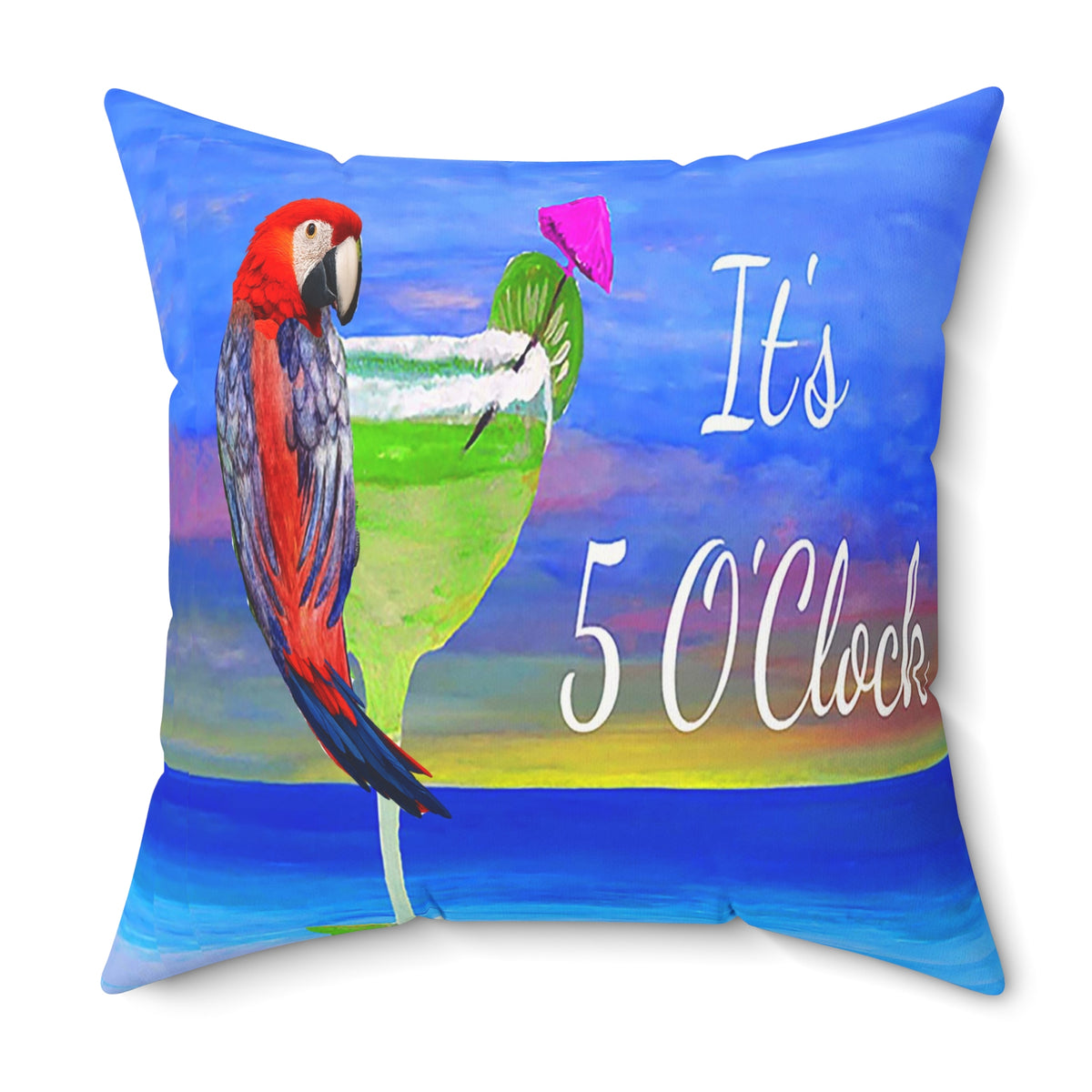 Pretty Parrot Margarita It's 5 O'clock tropical bar Spun Polyester Square Pillow