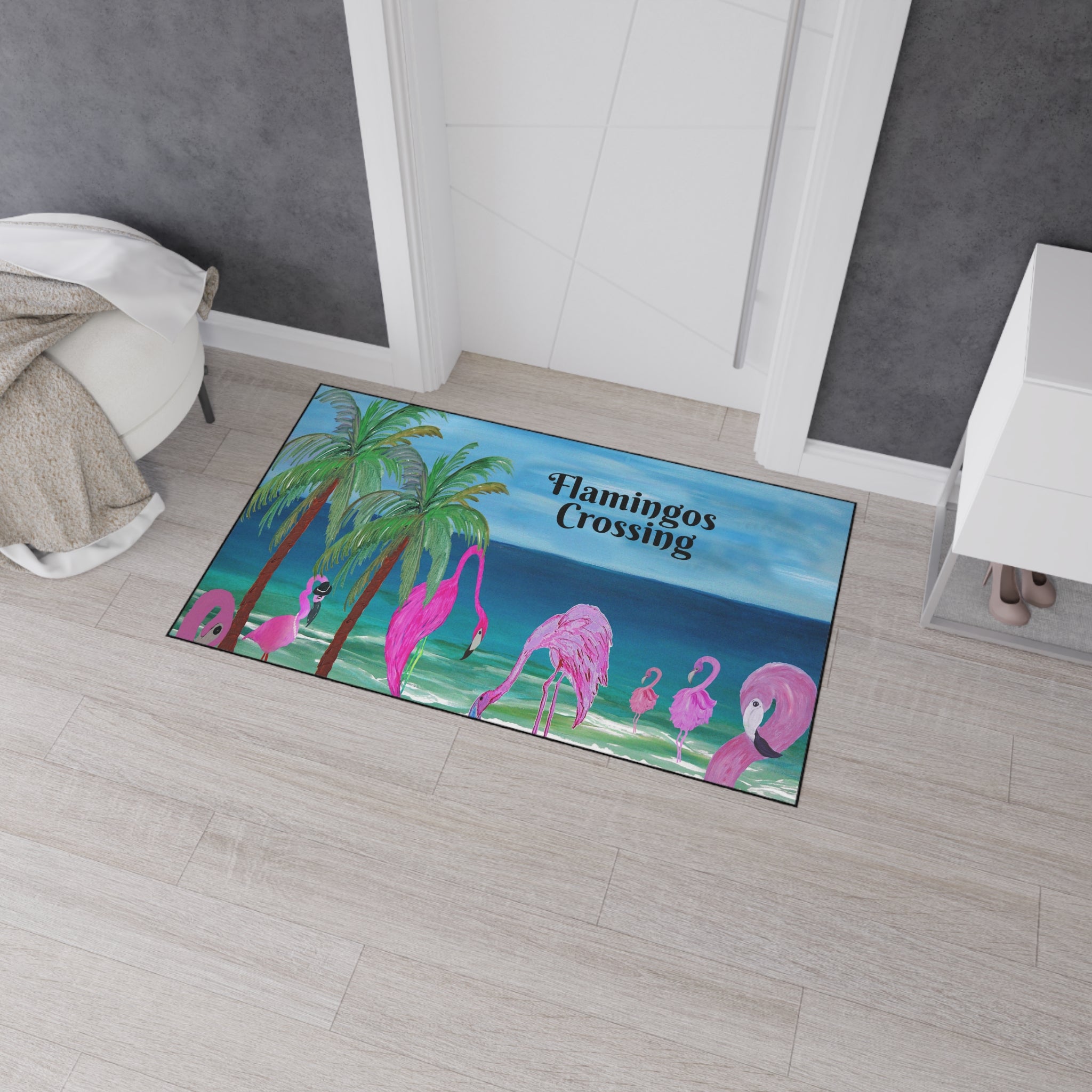 Flamingos Crossing Beach Mat — Heavy Duty Floor Mat