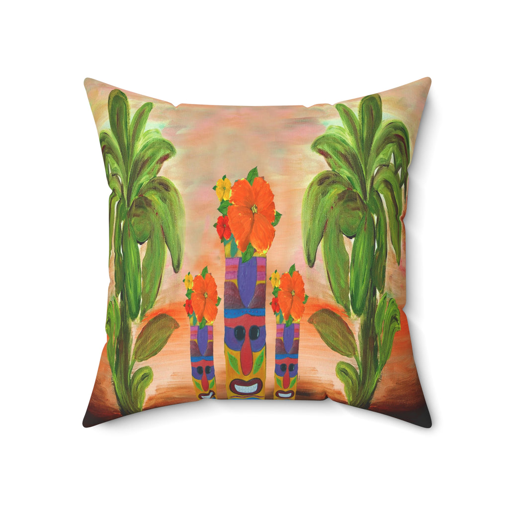 Tropical Tiki Flower Square Pillow — Tiki Man Totem Palm Throw