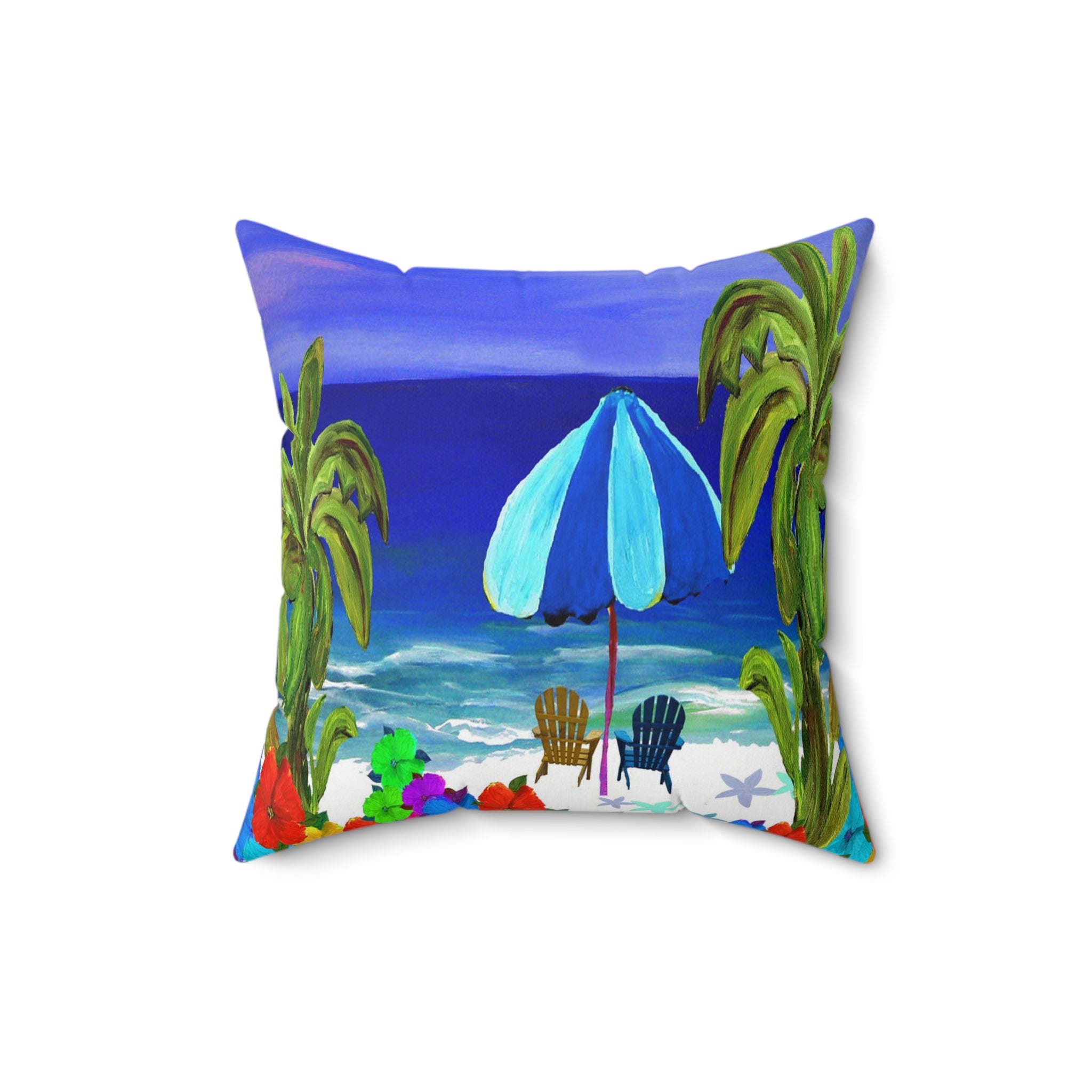 Beach Scene Throw Pillow — Tropical Umbrella & Palm Trees Decorative Pillow