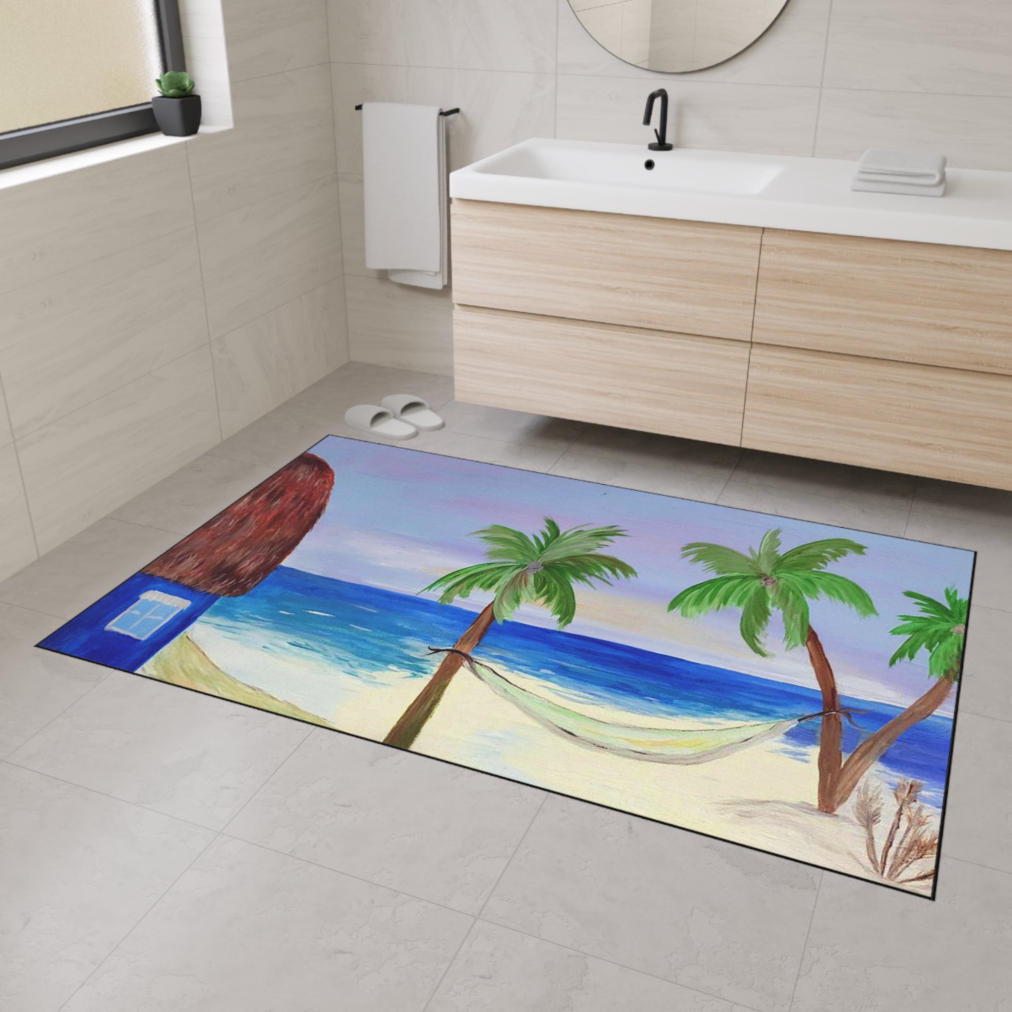 Beach Scene Heavy Duty Floor Mat — Tropical Hammock Palm Tree Doormat