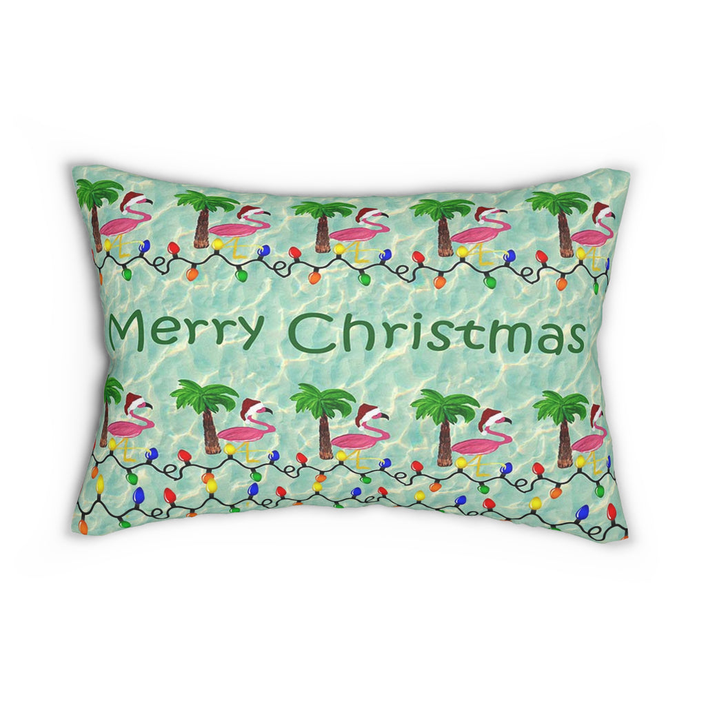 Merry Christmas Tropical Flamingo Lumbar Pillow
