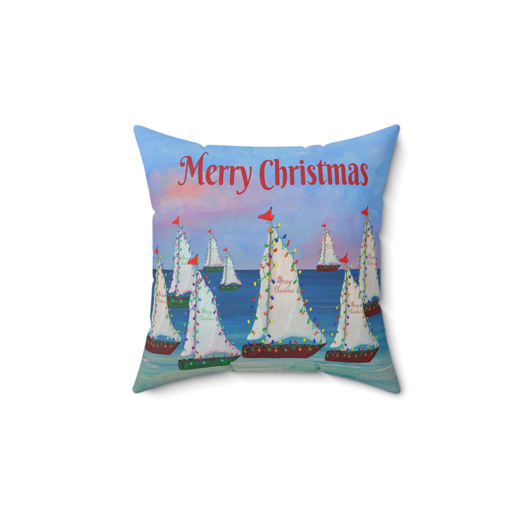 Merry Christmas Sailboat Pillow — Coastal Holiday Decorative Throw Pillow