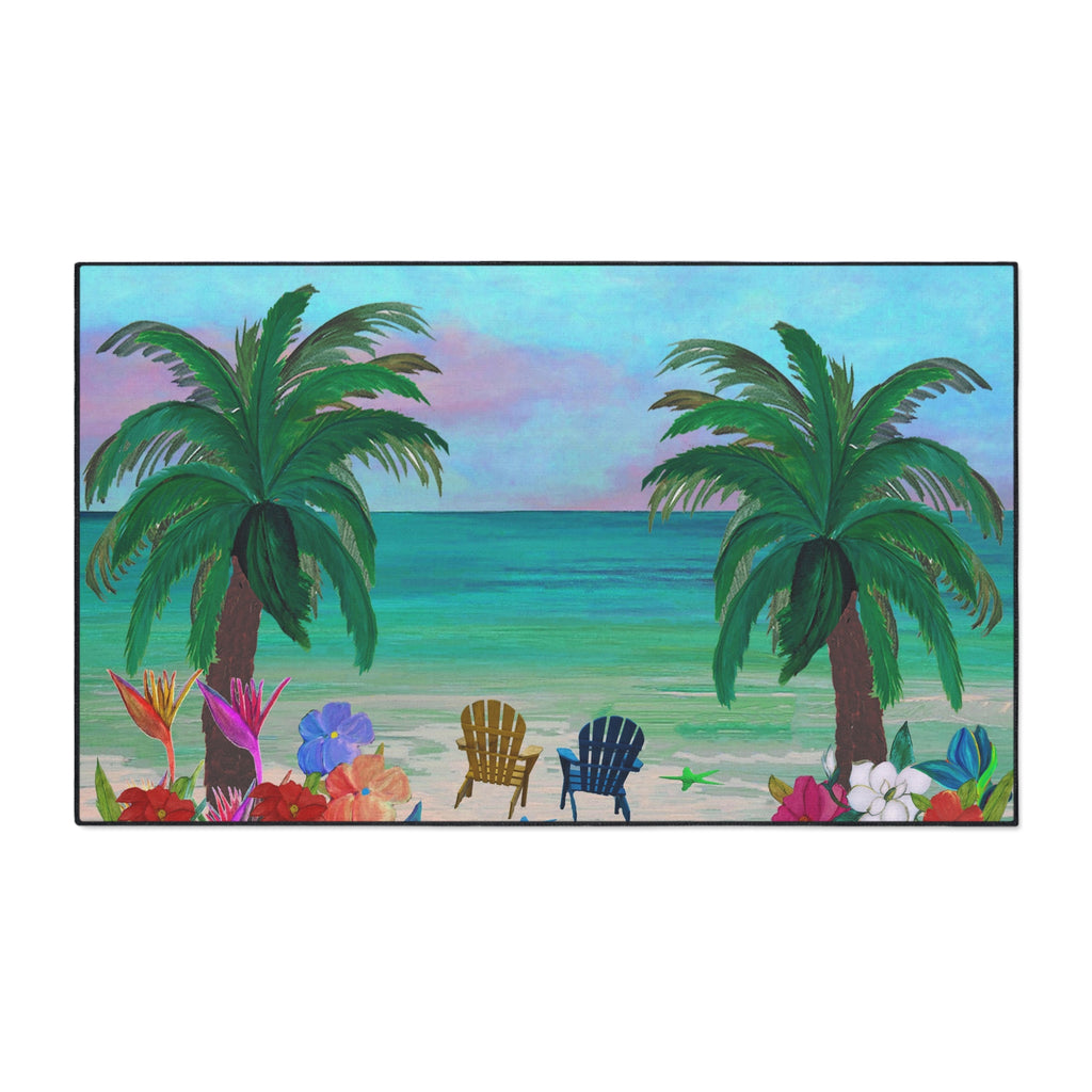 Tropical Beach Floor Mat — Palm Trees, Adirondack Chairs & Floral Welcome Doormat