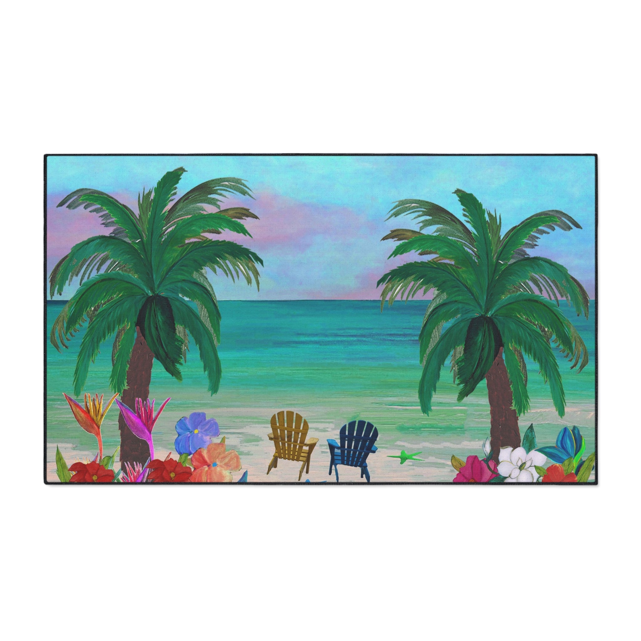 Tropical Beach Floor Mat — Palm Trees, Adirondack Chairs & Floral Welcome Doormat