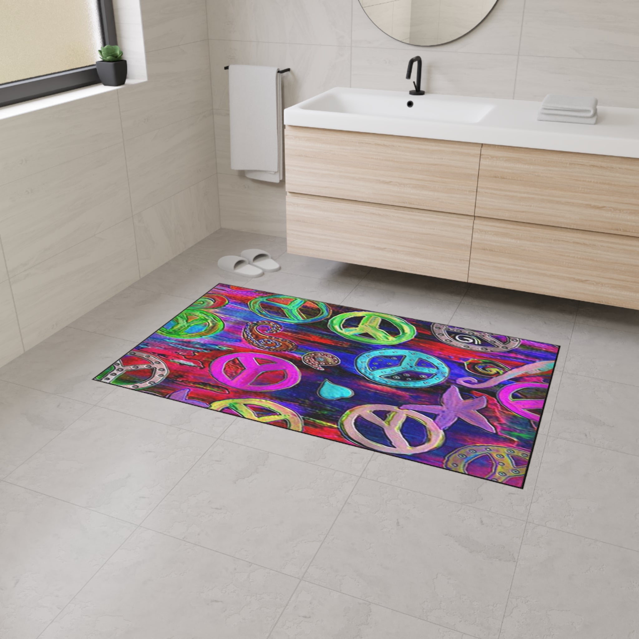 Vibrant Peace Signs Heavy Duty Floor Mat — Colorful Boho Entry Rug