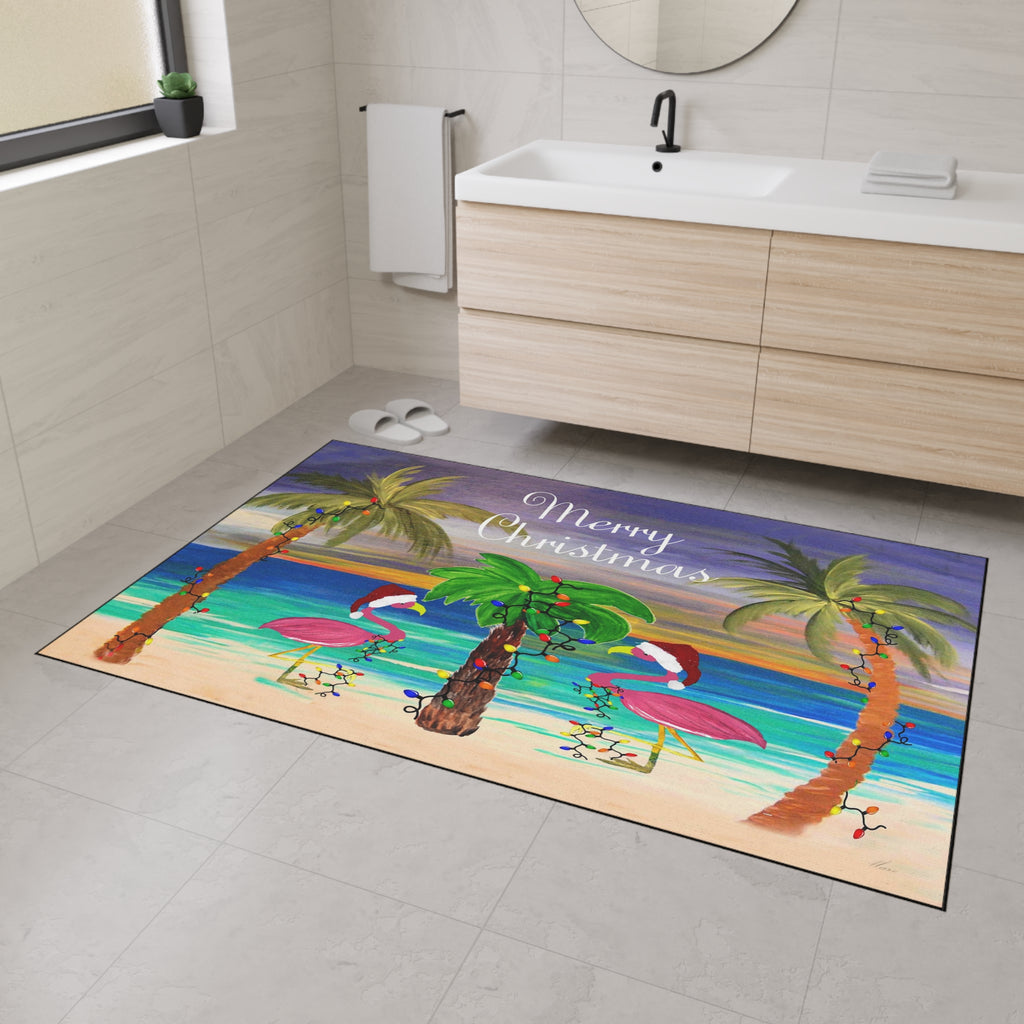 Christmas Beach Floor Mat — "Merry Christmas" Flamingo Palm Tree Doormat