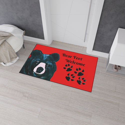Bear Feet Welcome Heavy-Duty Floor Mat — Red Cabin Doormat with Bear Paw Prints