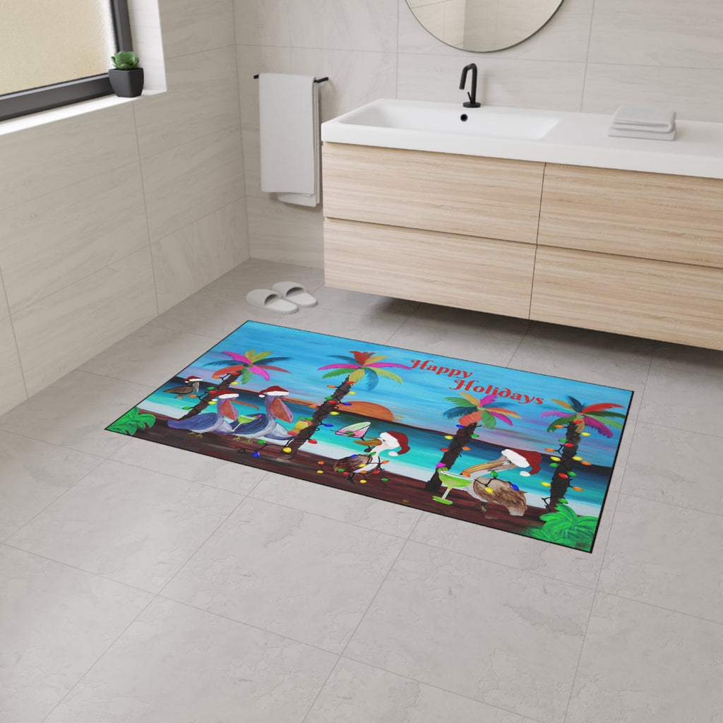 Christmas Pelican Party Cocktails Beach Mat — "Merry Christmas" Holiday Doormat