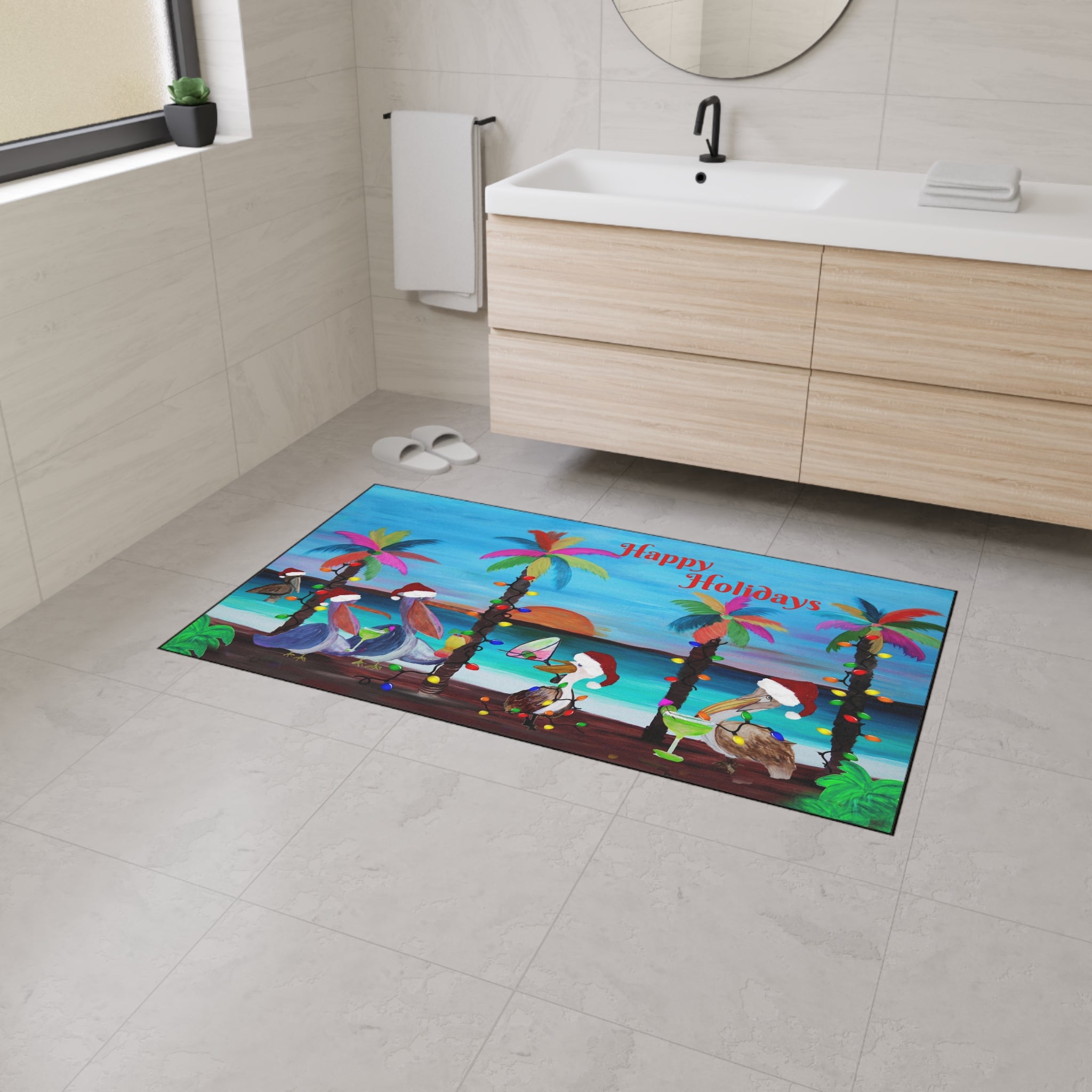 Christmas Pelican Party Cocktails Beach Mat — "Merry Christmas" Holiday Doormat