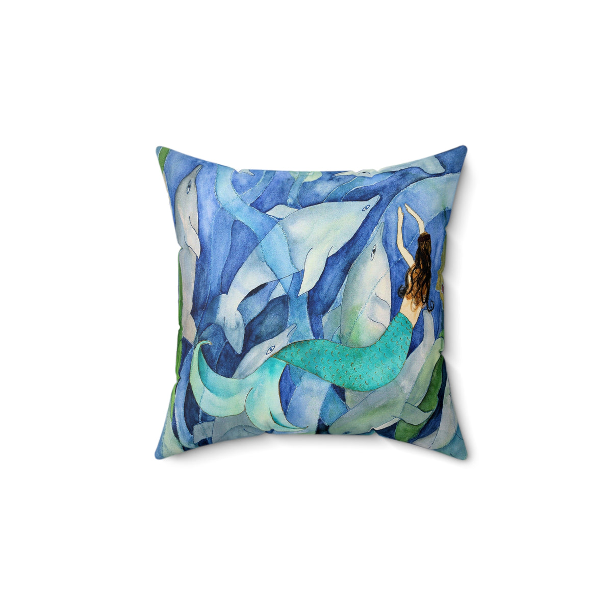 Mermaid & Dolphins Watercolor Throw Pillow — Ocean Blue Decorative Cushion