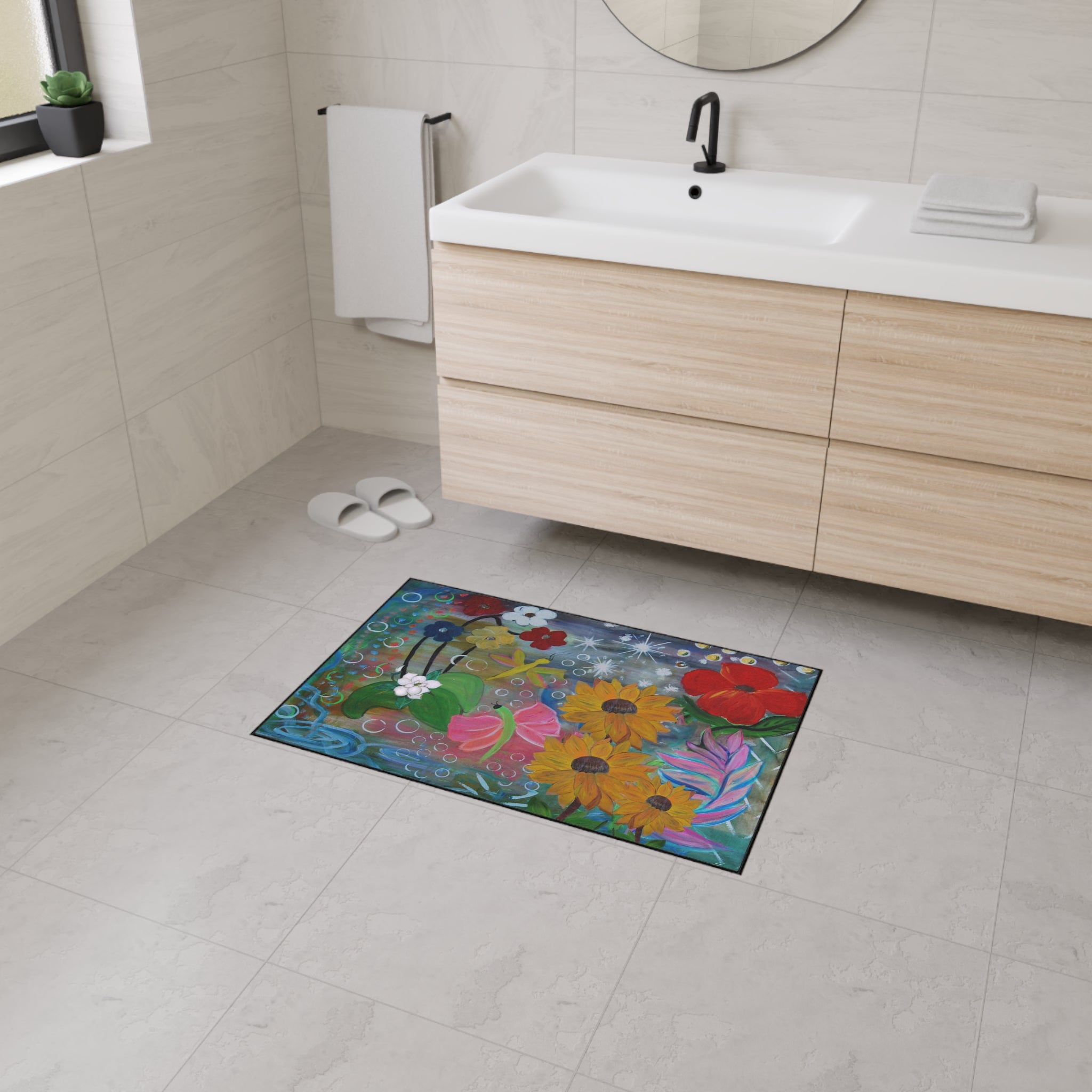 Floral Garden Heavy Duty Floor Mat — Colorful Sunflowers & Poppies Doormat