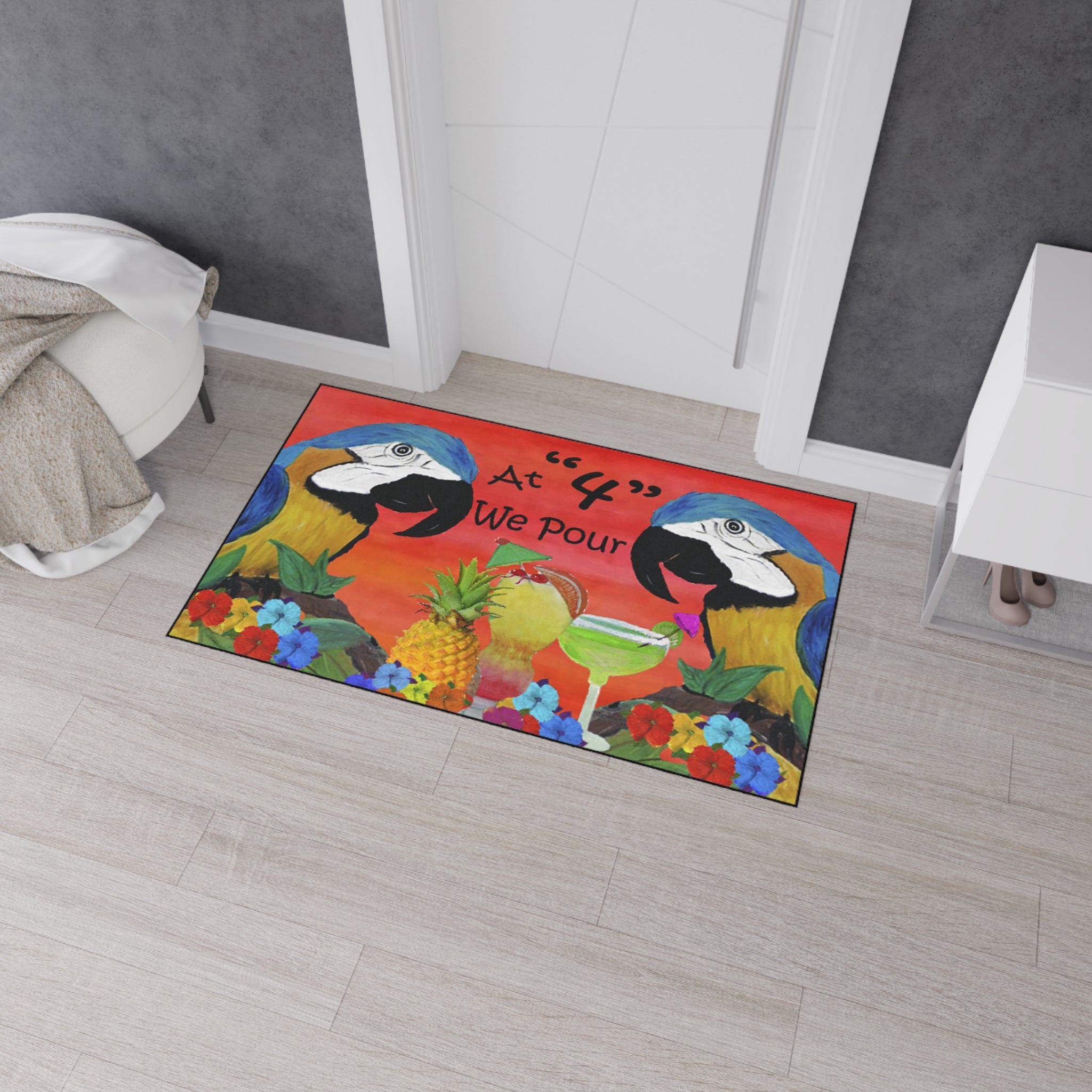 Tropical Parrot Floor Mat — "At 4 We Pour" Bar Welcome Doormat