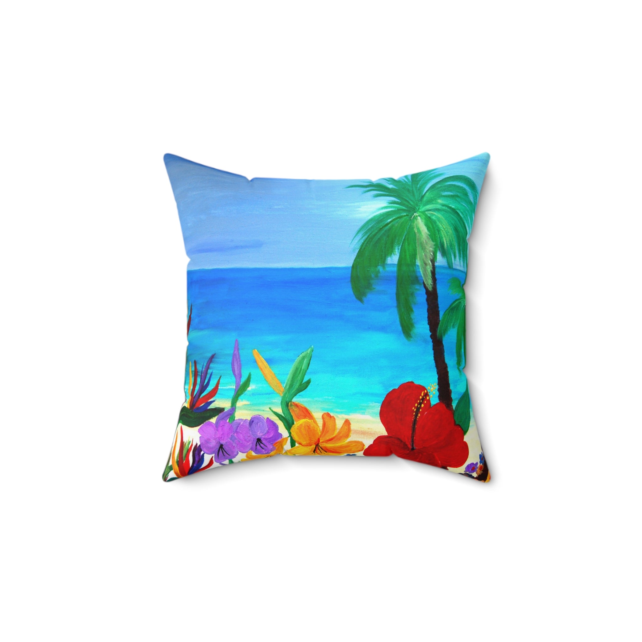 Tropical Beach Pillow - Palm Trees & Hibiscus Decorative Throw