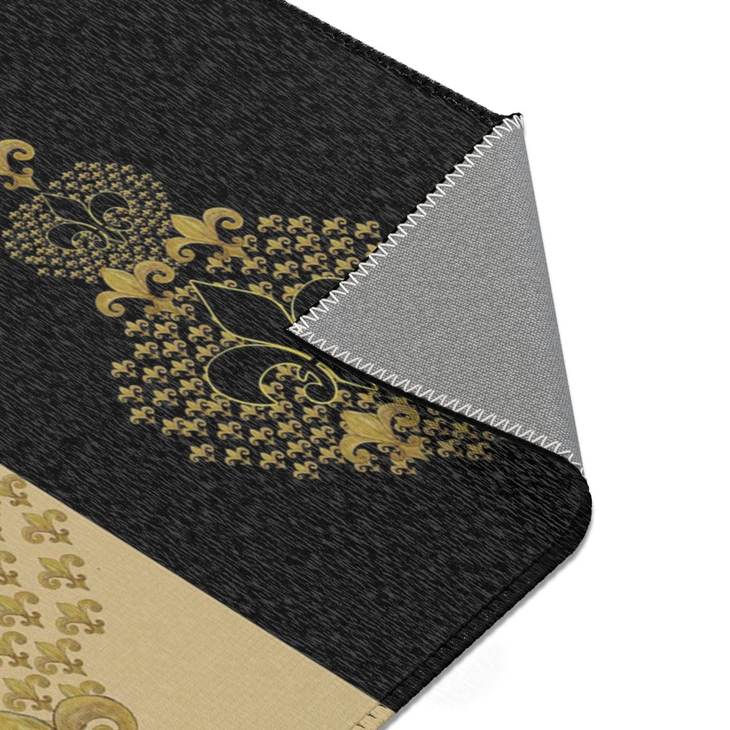 Fleur-de-Lis Striped Area Rug — Elegant Gold & Black Decorative Mat