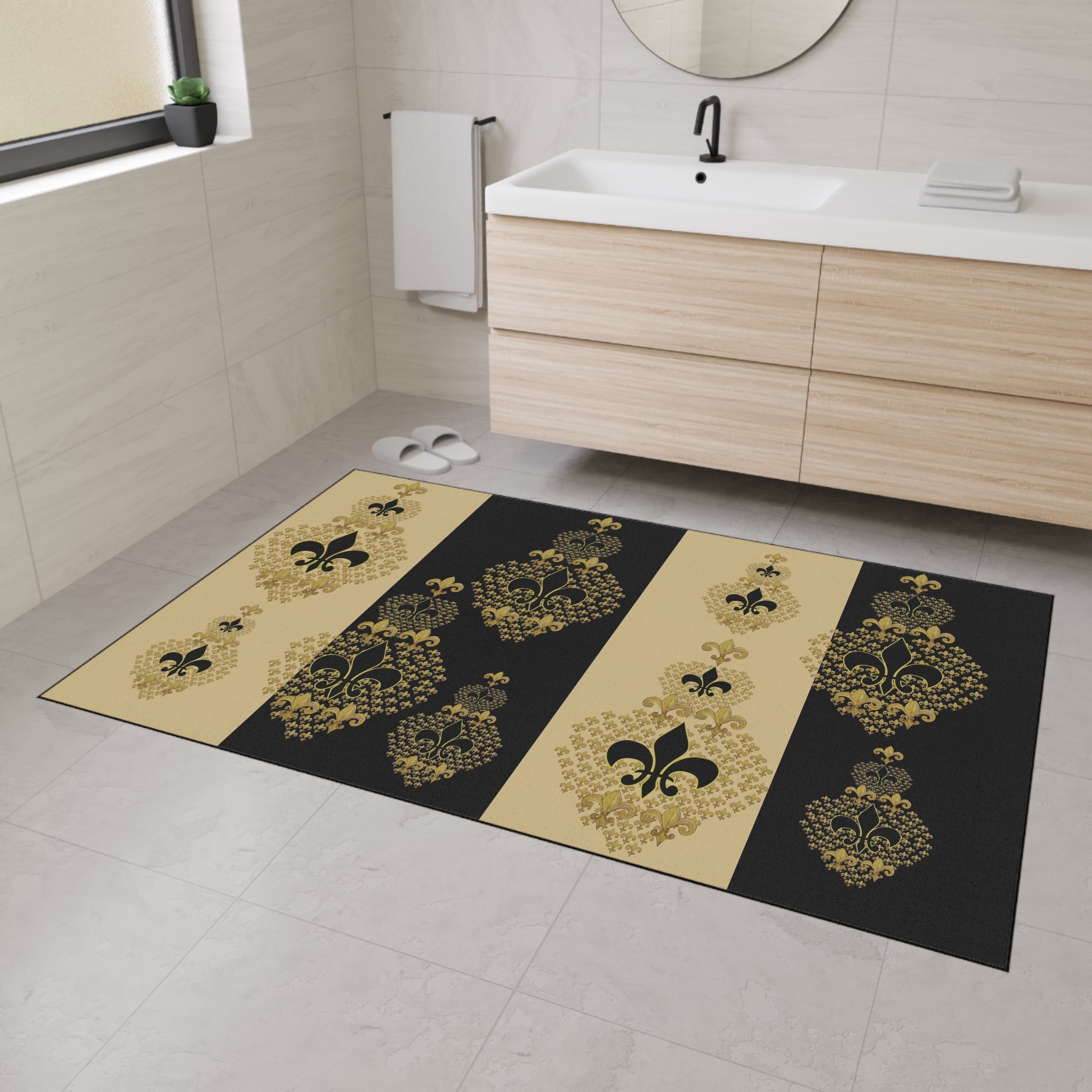 Fleur-de-Lis Heavy Duty Floor Mat — Black & Gold Decorative Entry Rug